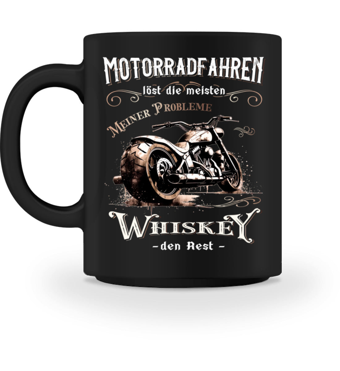 Eine Biker Tasse für Motorradfahrer, von Wingbikers, mit dem beidseitigen Aufdruck, Motorradfahren löst die meisten meiner Probleme - Whiskey den Rest, in schwarz.