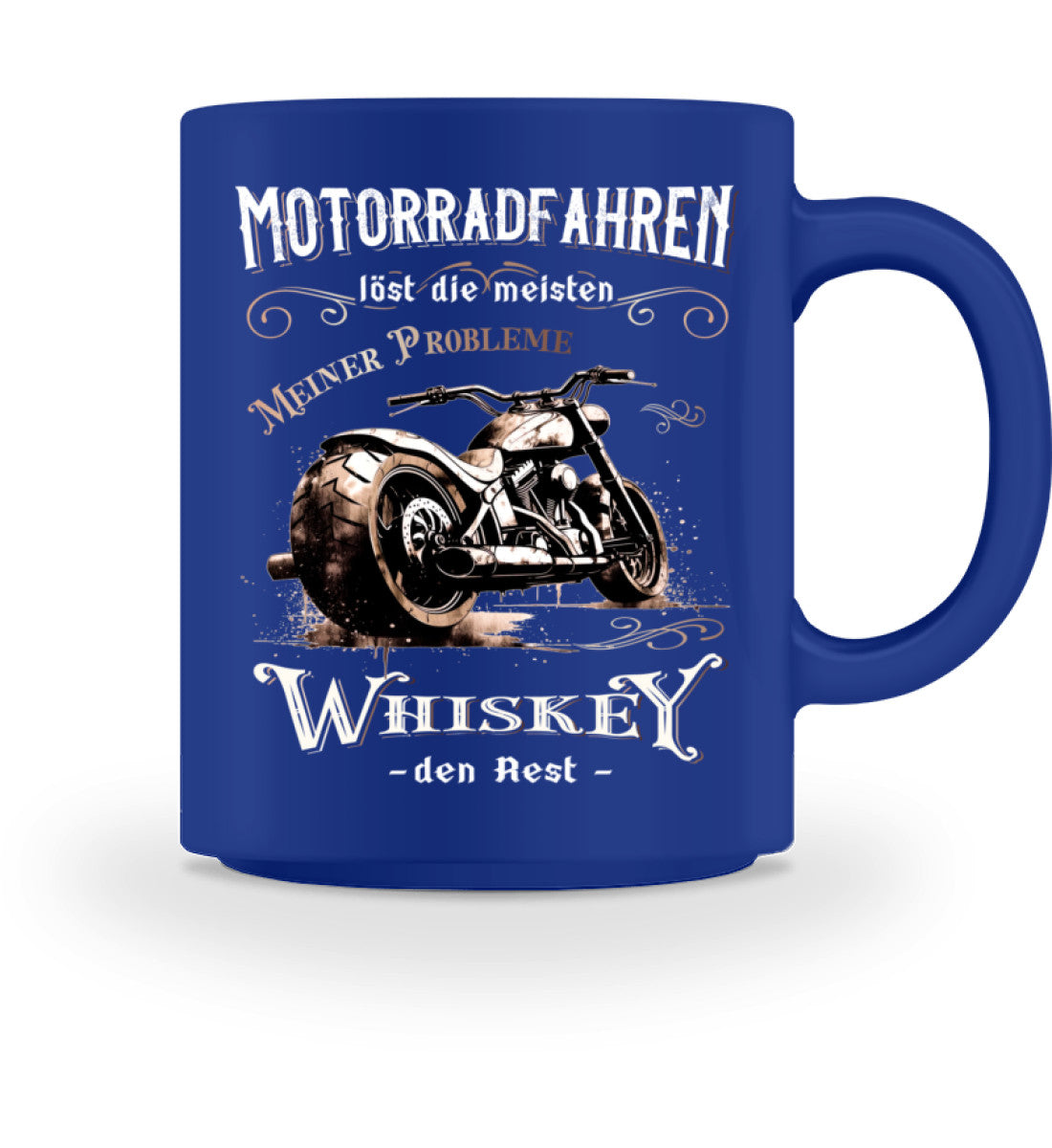 Eine Biker Tasse für Motorradfahrer, von Wingbikers, mit dem beidseitigen Aufdruck, Motorradfahren löst die meisten meiner Probleme - Whiskey den Rest, in blau.