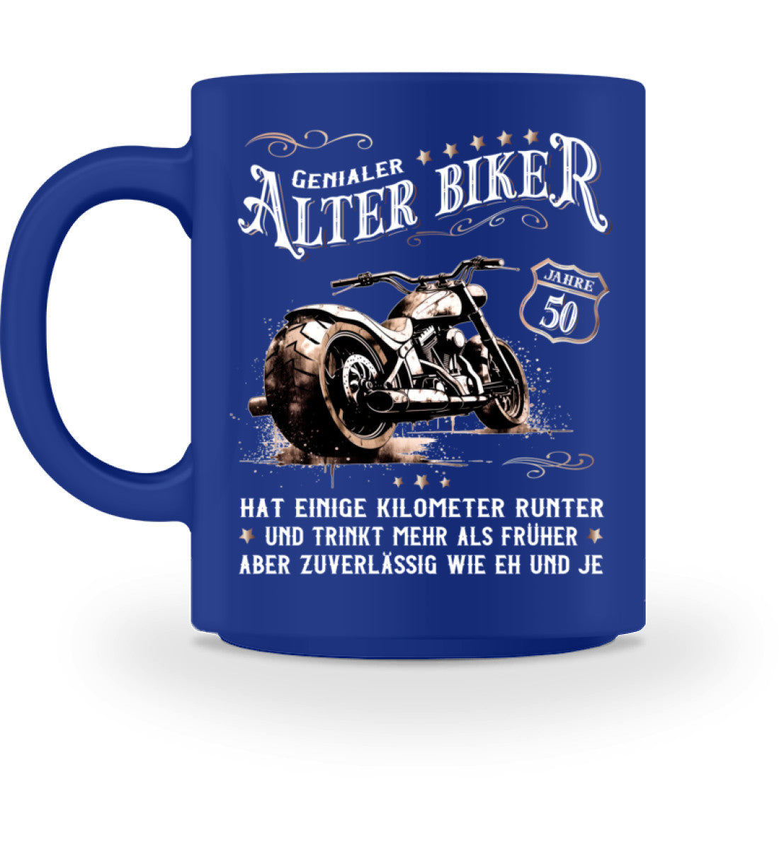 Eine Biker Geburtstags-Tasse für Motorradfahrer, von Wingbikers, mit dem beidseitigen Aufdruck, Alter Biker - 50 Jahre - Einige Kilometer runter, trinkt mehr - aber zuverlässig wie eh und je, in blau.