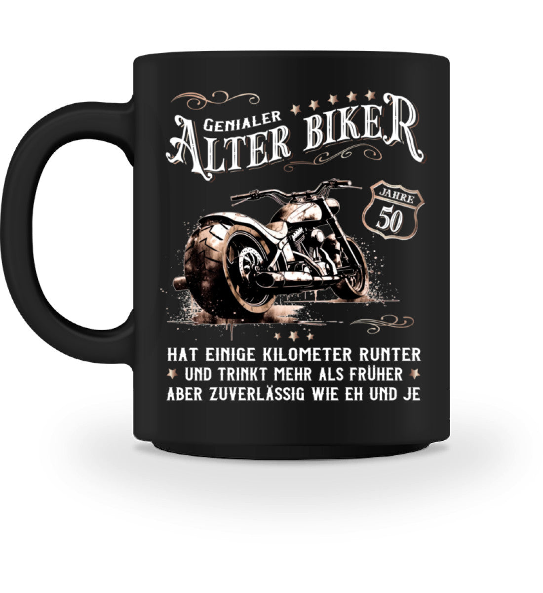 Eine Biker Geburtstags-Tasse für Motorradfahrer, von Wingbikers, mit dem beidseitigen Aufdruck, Alter Biker - 50 Jahre - Einige Kilometer runter, trinkt mehr - aber zuverlässig wie eh und je, in schwarz.
