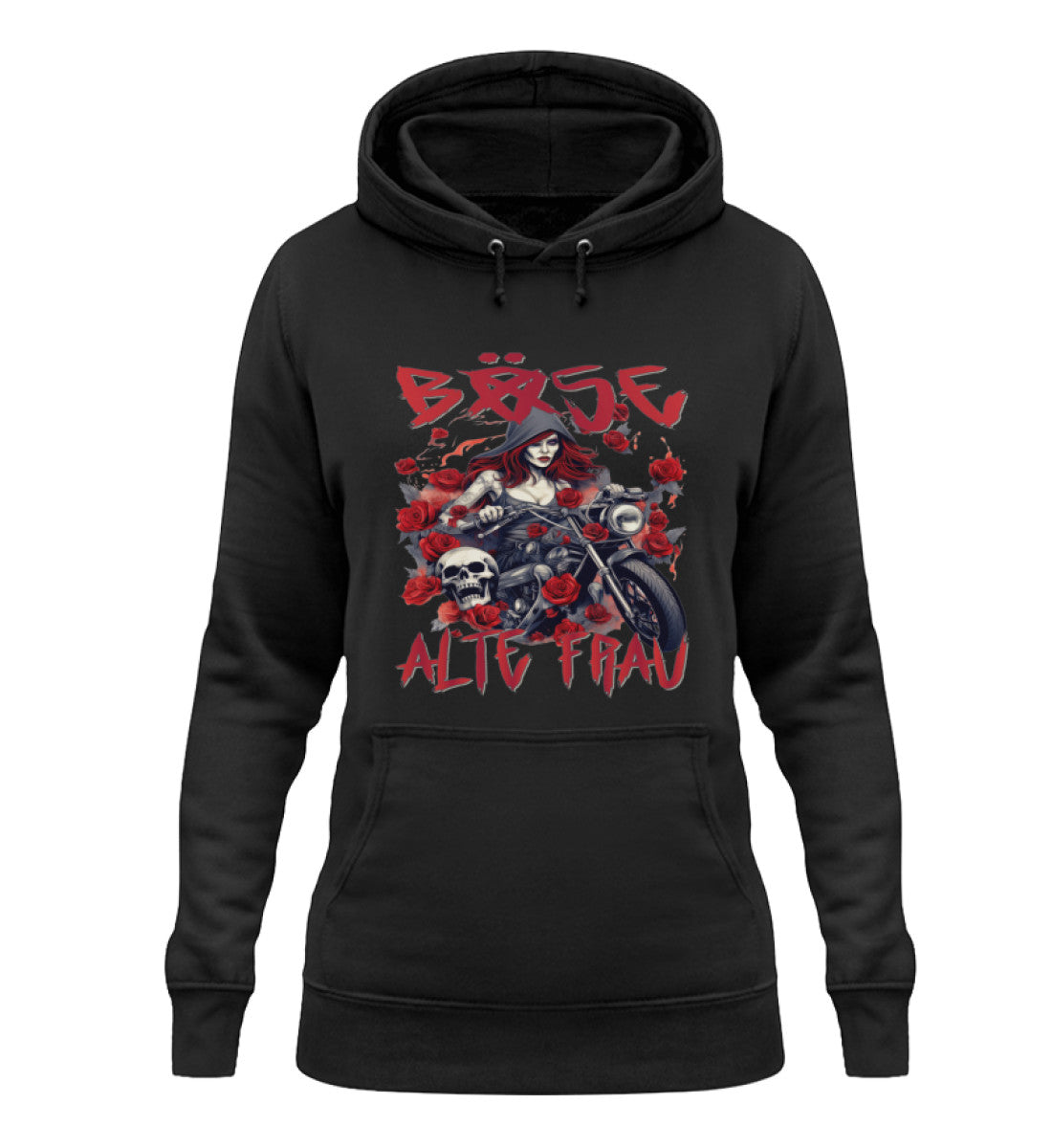 Ein Bikerin Hoodie für Motorradfahrerinnen von Wingbikers mit dem Aufdruck, Böse Alte Frau, in schwarz.