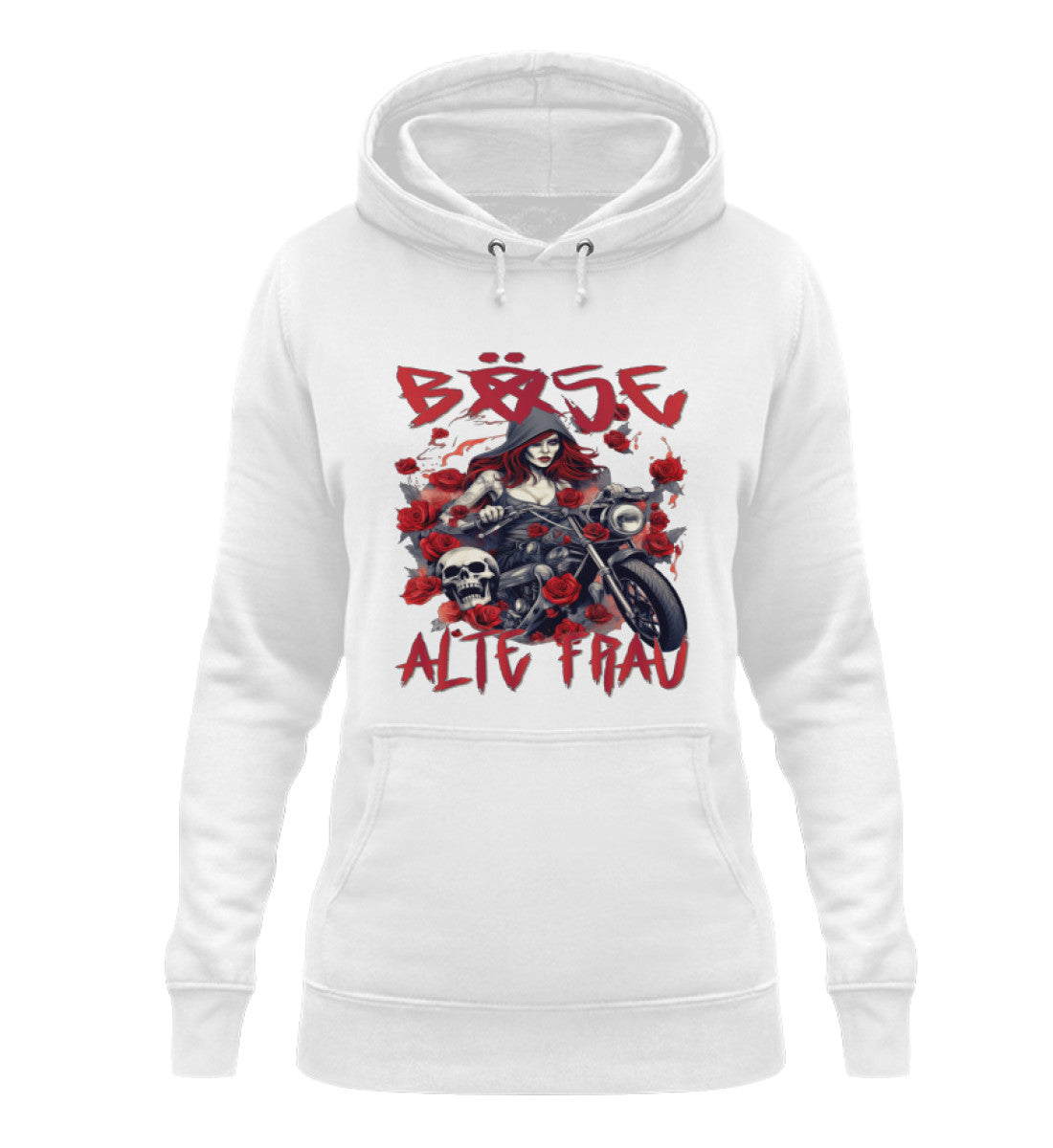 Ein Bikerin Hoodie für Motorradfahrerinnen von Wingbikers mit dem Aufdruck, Böse Alte Frau, in weiß.