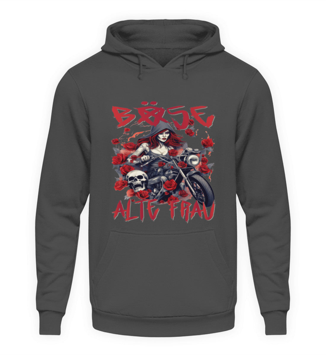 Ein Hoodie für Motorradfahrerinnen von Wingbikers mit dem Aufdruck, Böse Alte Frau, in dunkelgrau.