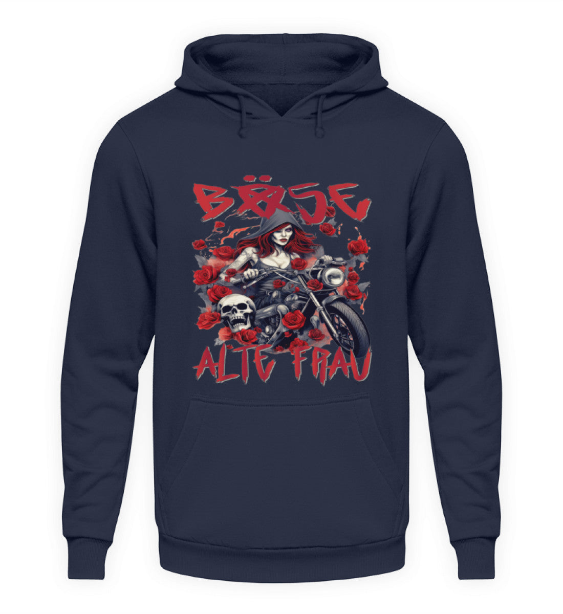Ein Hoodie für Motorradfahrerinnen von Wingbikers mit dem Aufdruck, Böse Alte Frau, in navy.
