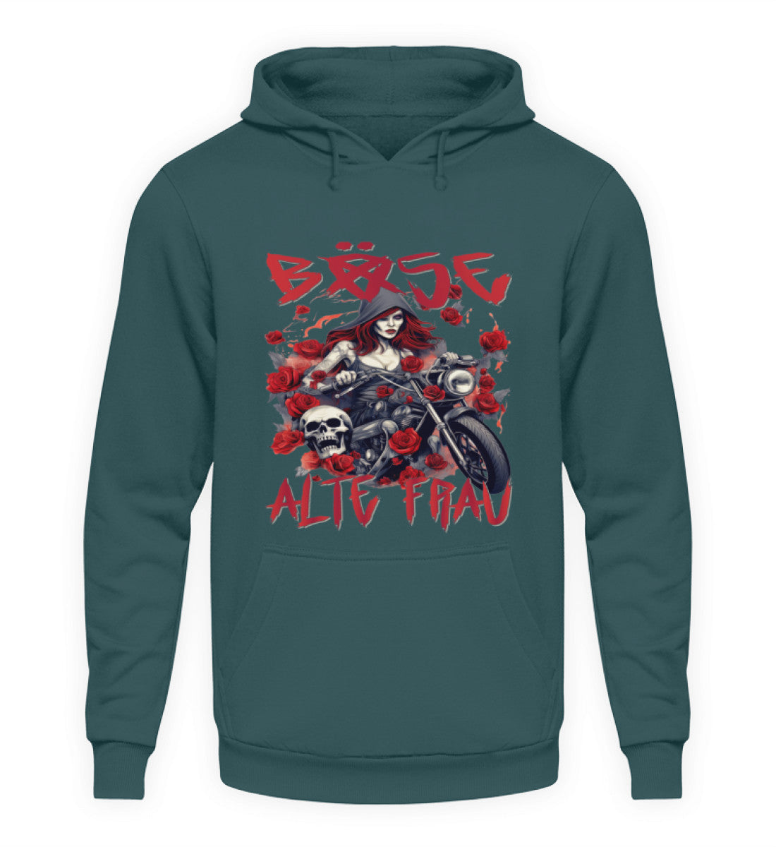 Ein Hoodie für Motorradfahrerinnen von Wingbikers mit dem Aufdruck, Böse Alte Frau, in petrol.