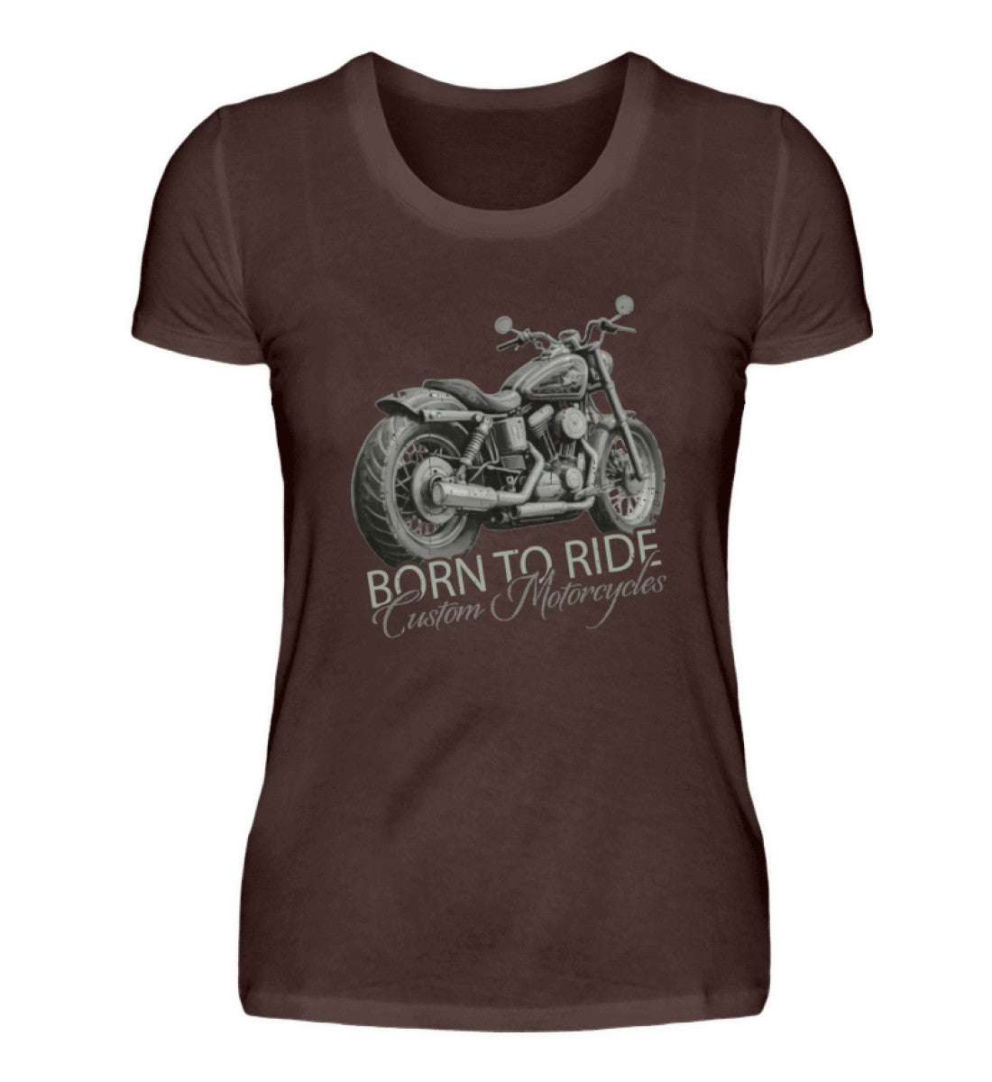 Ein Motorrad-Shirt für Frauen, von Wingbikers, mit dem Aufdruck, Born to Ride, in Braun.