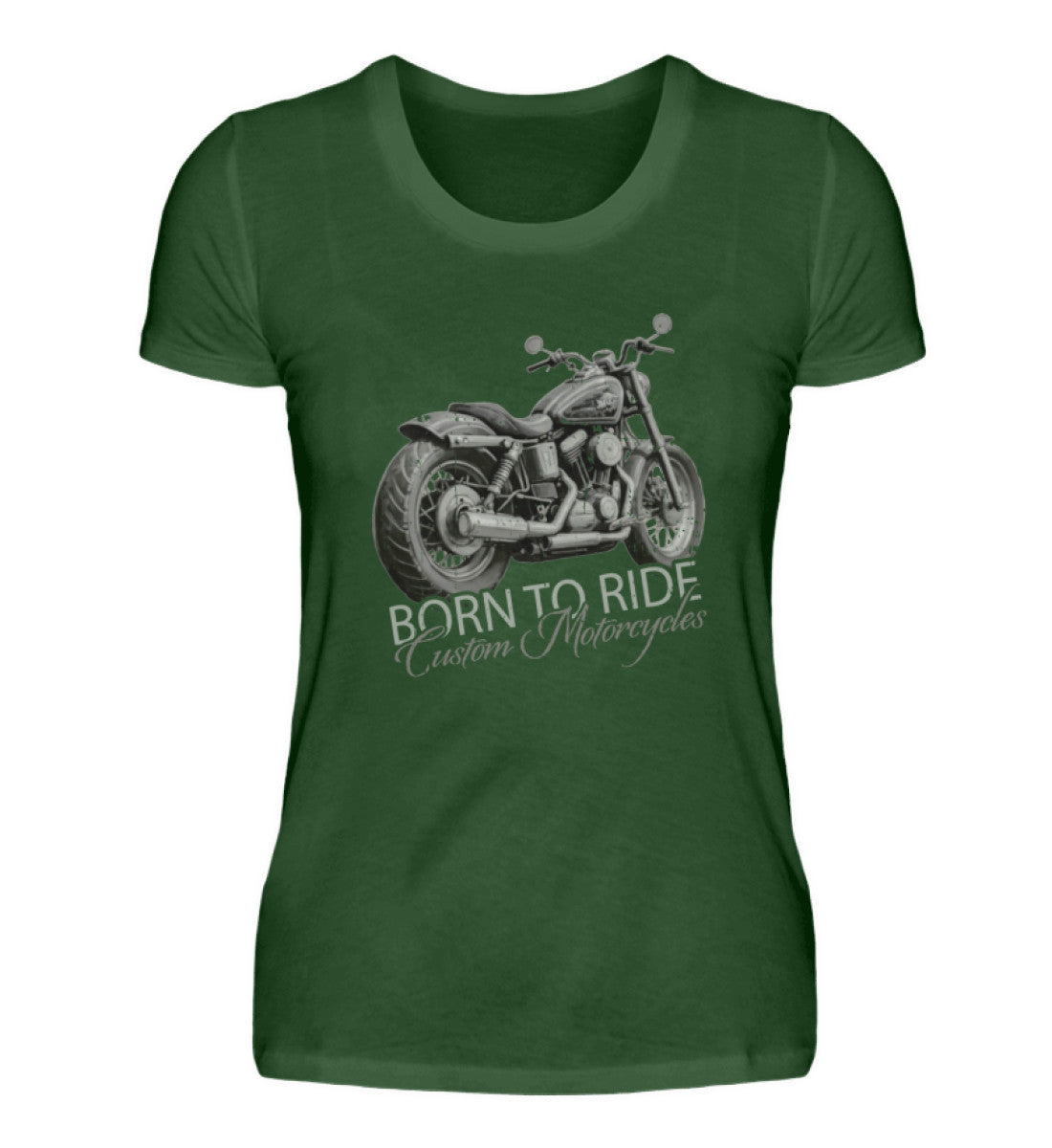 Ein Motorrad-Shirt für Frauen, von Wingbikers, mit dem Aufdruck, Born to Ride, in Dunkelgrün.