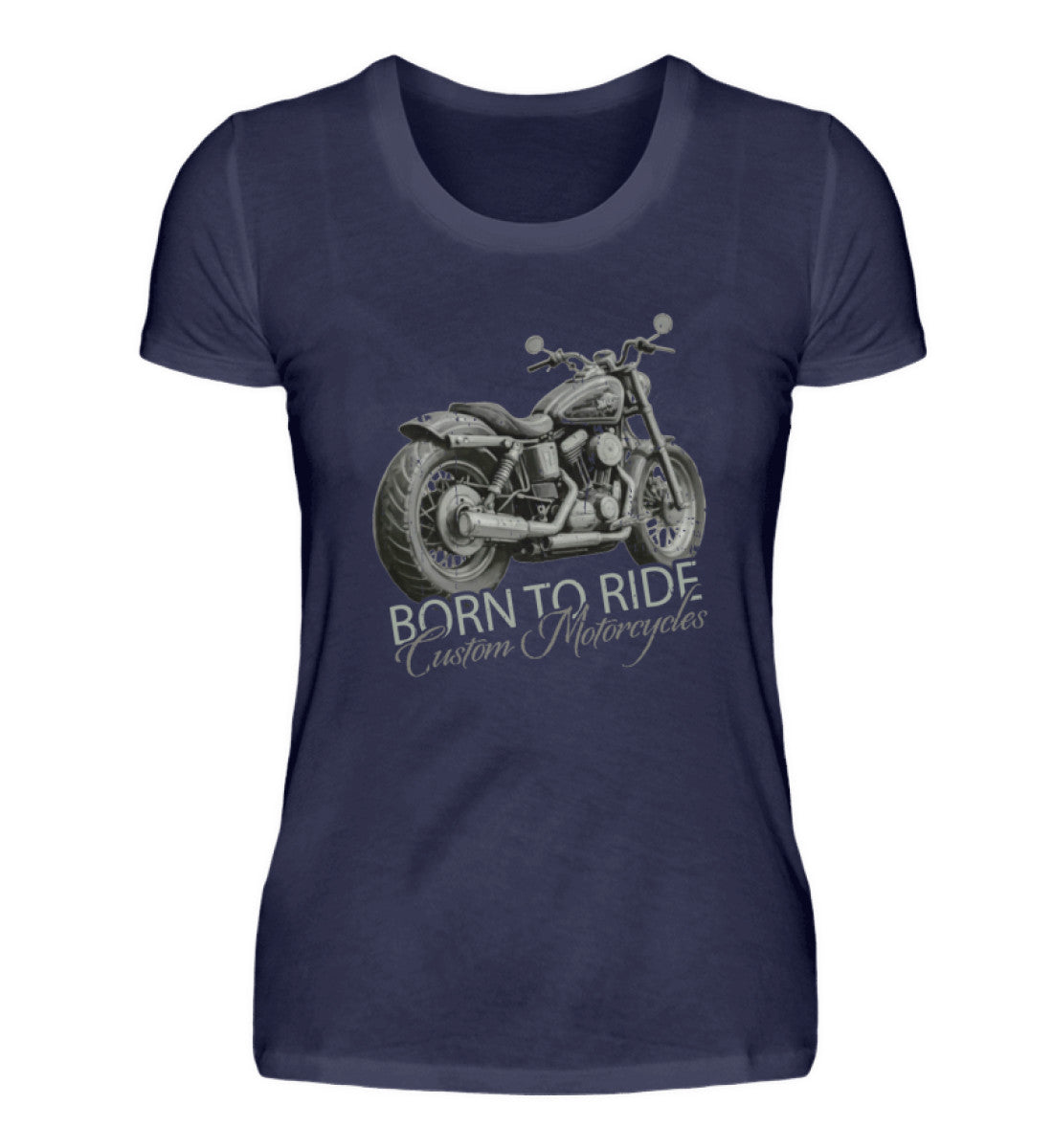 Ein Motorrad-Shirt für Frauen, von Wingbikers, mit dem Aufdruck, Born to Ride, in Navy.