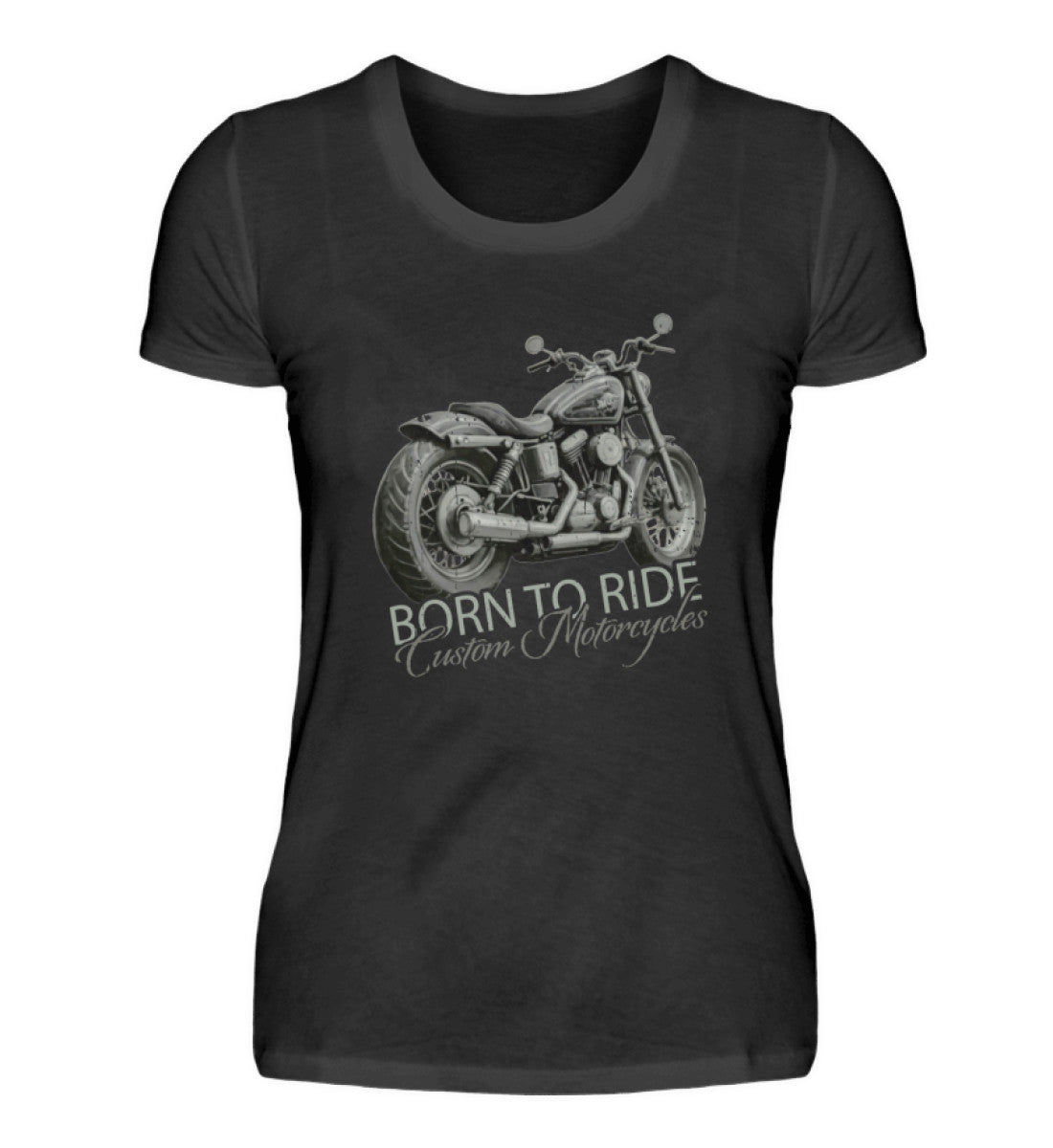 Ein Motorrad-Shirt für Frauen, von Wingbikers, mit dem Aufdruck, Born to Ride, in Schwarz.