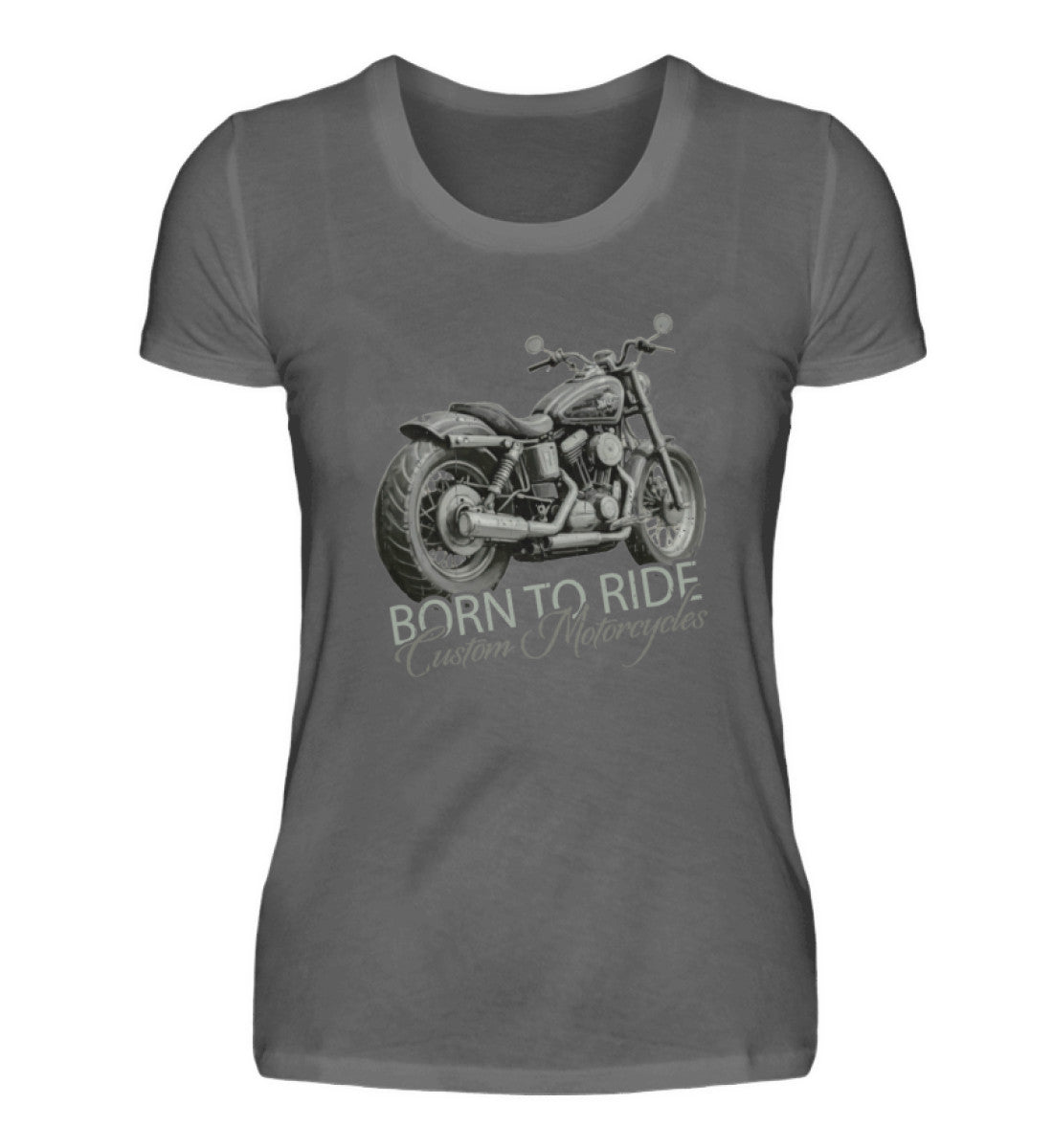 Ein Motorrad-Shirt für Frauen, von Wingbikers, mit dem Aufdruck, Born to Ride, in Dunkelgrau.
