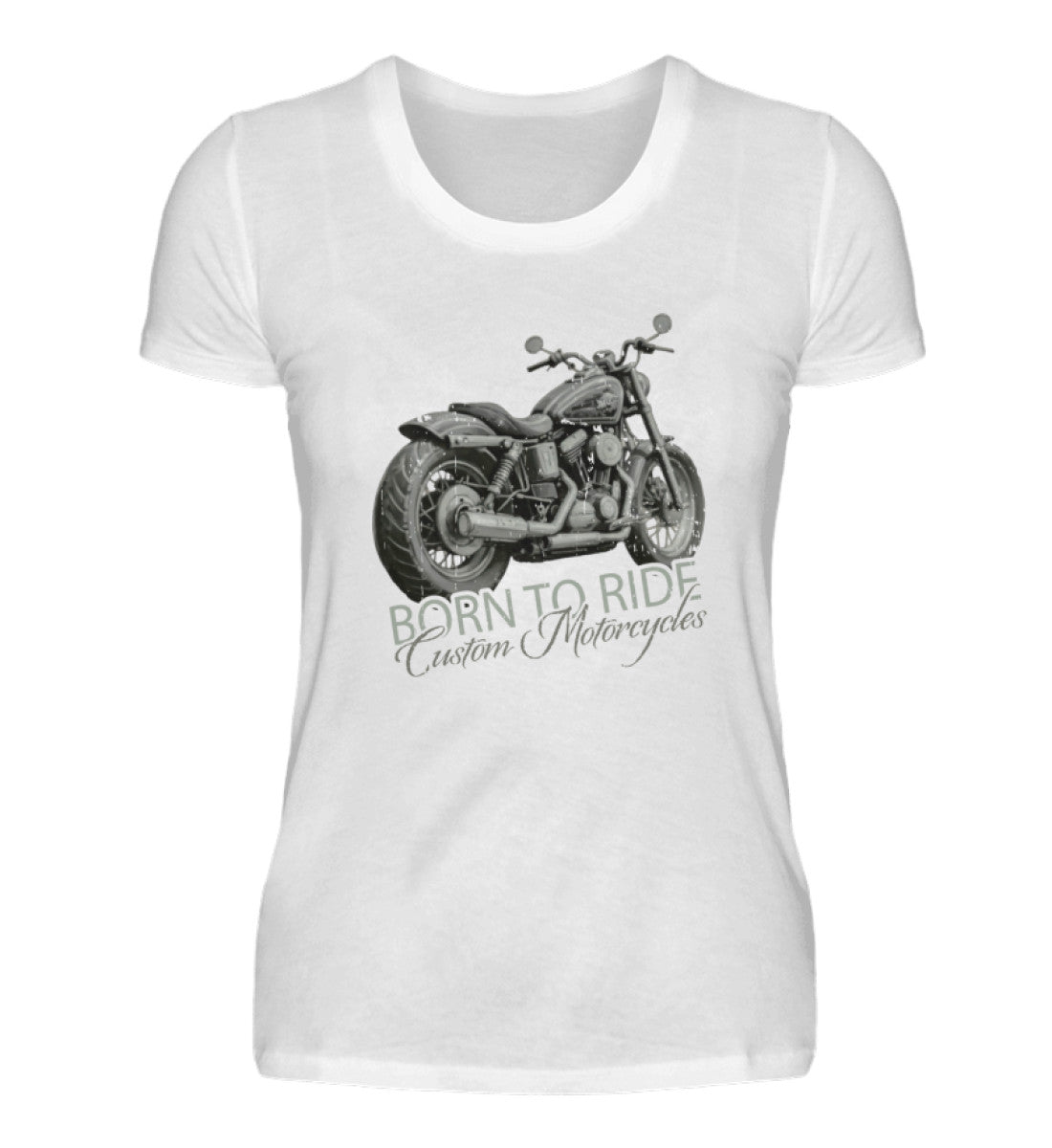 Ein Motorrad-Shirt für Frauen, von Wingbikers, mit dem Aufdruck, Born to Ride, in Weiß.