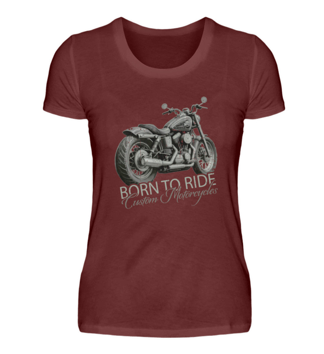 Ein Motorrad-Shirt für Frauen, von Wingbikers, mit dem Aufdruck, Born to Ride, in Weinrot.