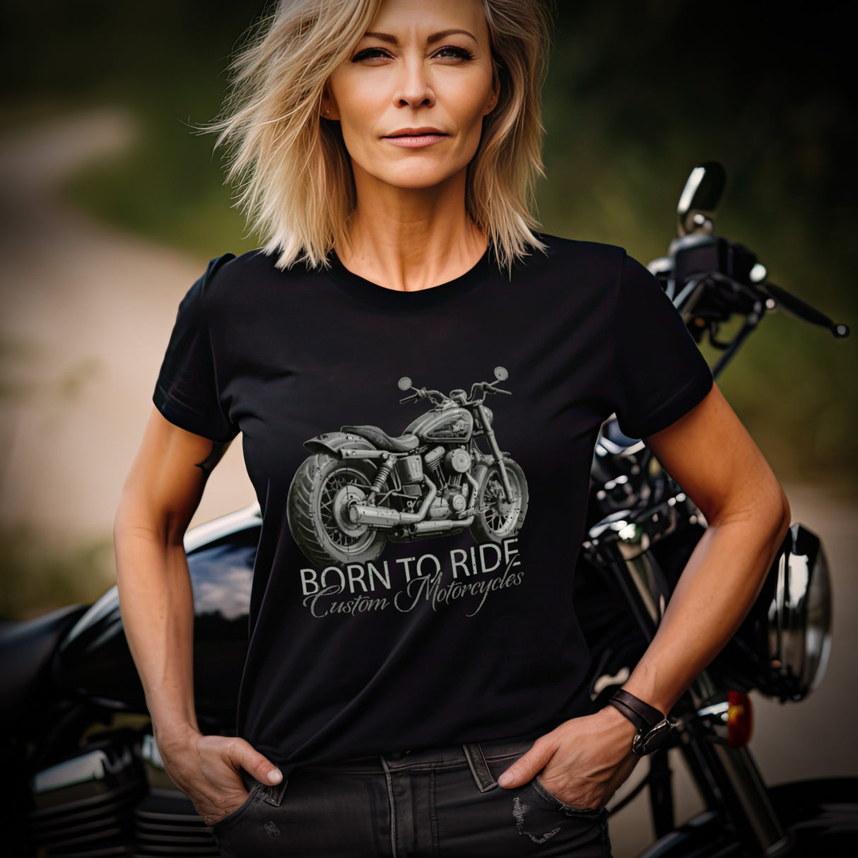 Eine Frau mit einem Motorrad-Shirt, von Wingbikers, mit dem Aufdruck, Born to Ride, in Schwarz.