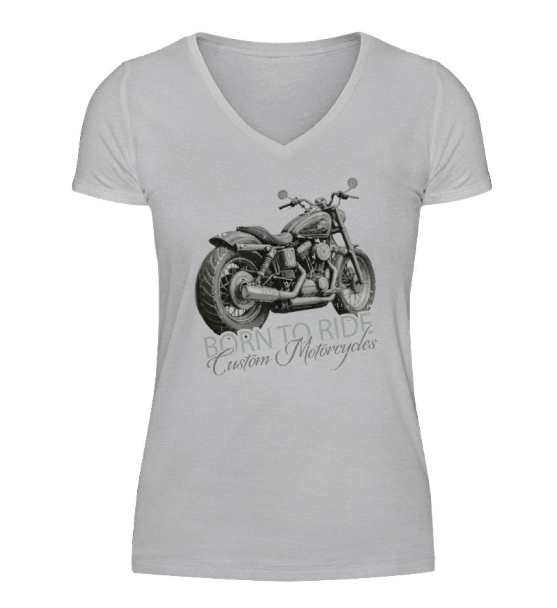 Ein Motorrad-Shirt mit V-Ausschnitt für Frauen, von Wingbikers, mit dem Aufdruck, Born to Ride, in Hellgrau.