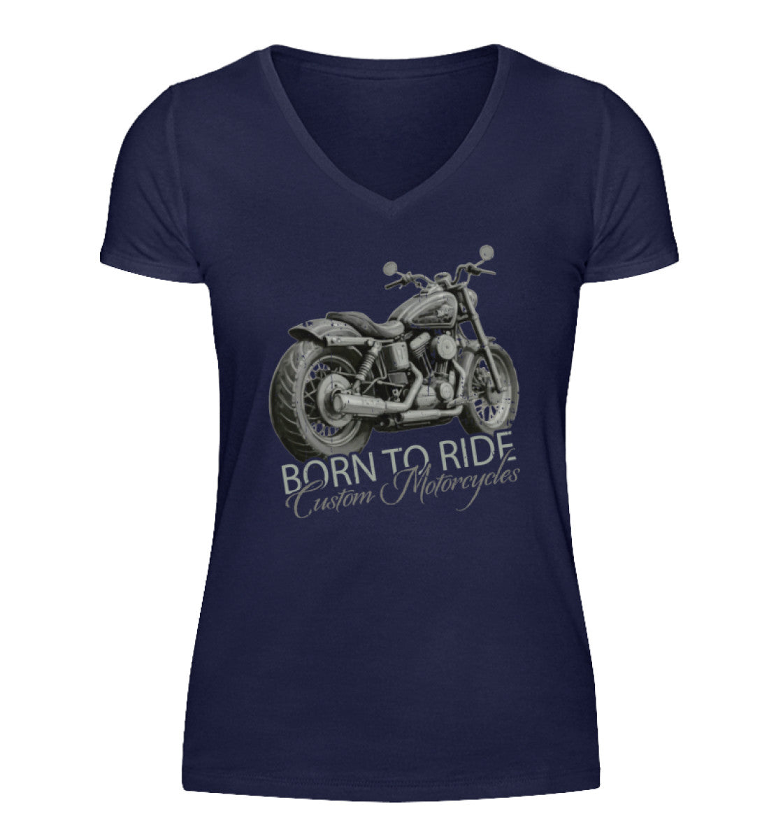 Ein Motorrad-Shirt mit V-Ausschnitt für Frauen, von Wingbikers, mit dem Aufdruck, Born to Ride, in Navy.