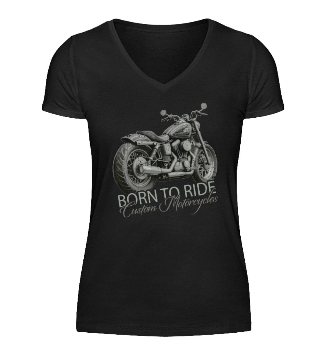 Ein Motorrad-Shirt mit V-Ausschnitt für Frauen, von Wingbikers, mit dem Aufdruck, Born to Ride, in Schwarz.