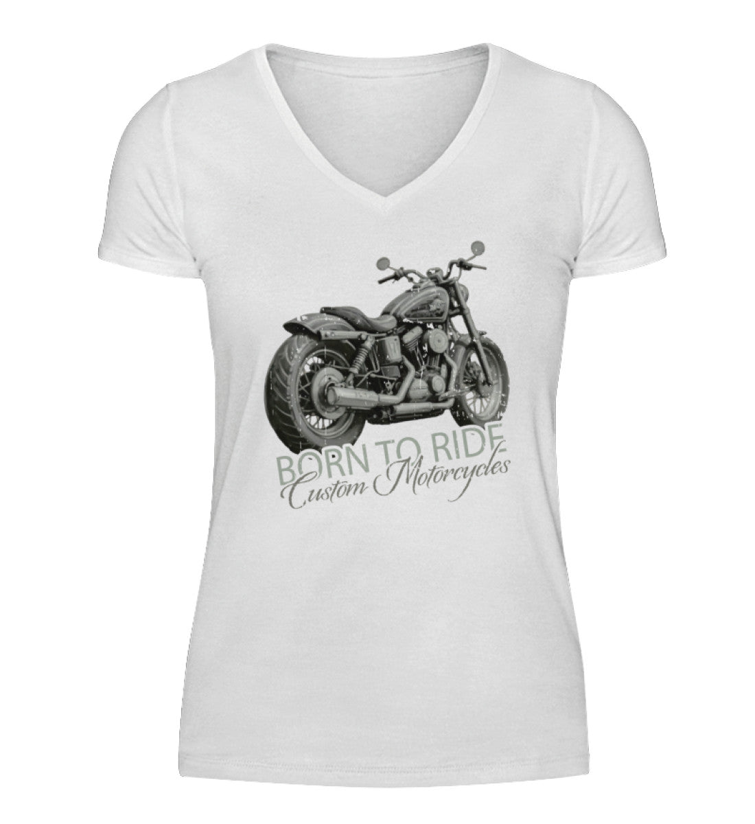 Ein Motorrad-Shirt mit V-Ausschnitt für Frauen, von Wingbikers, mit dem Aufdruck, Born to Ride, in Weiß.