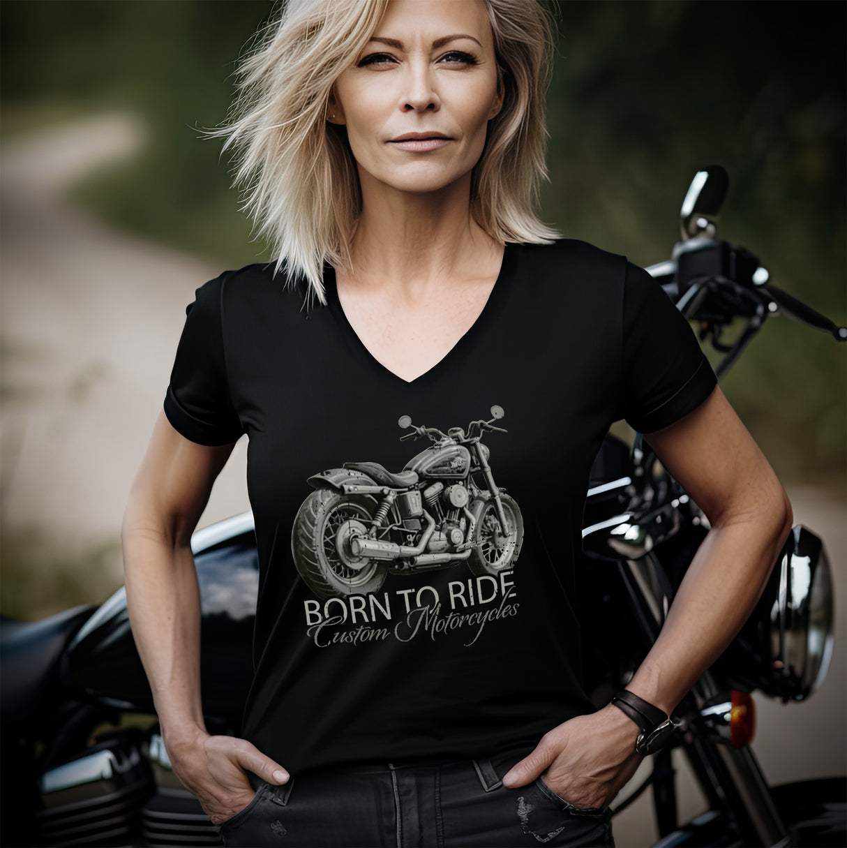 Eine Frau mit einem Motorrad-Shirt mit V-Ausschnitt, von Wingbikers, mit dem Aufdruck, Born to Ride, in Schwarz.