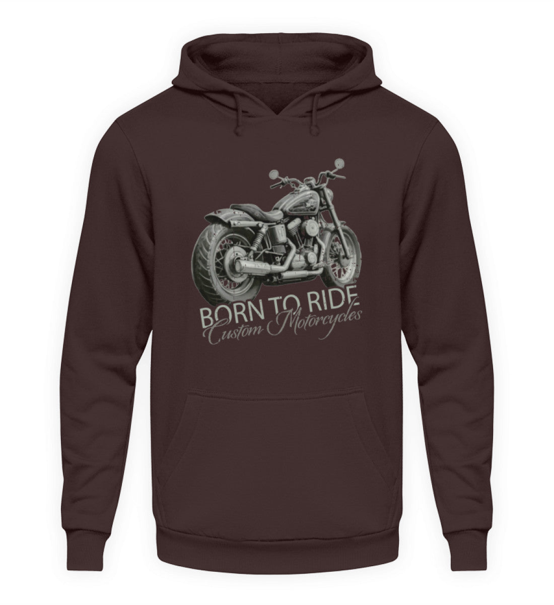 Ein Biker Hoodie von Wingbikers, mit dem Aufdruck, Born to Ride, in Braun.