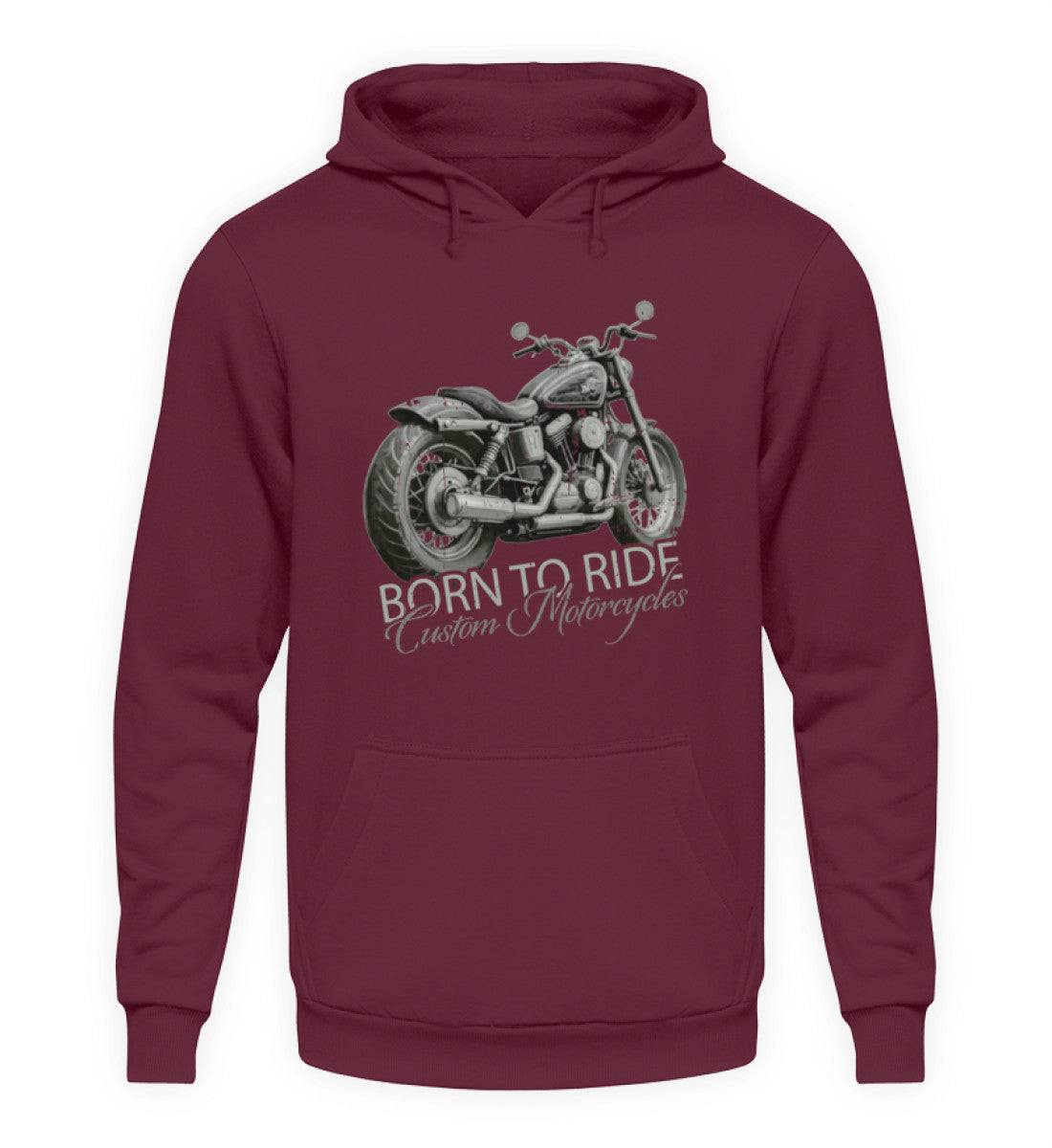 Ein Biker Hoodie von Wingbikers, mit dem Aufdruck, Born to Ride, in Burgunder.