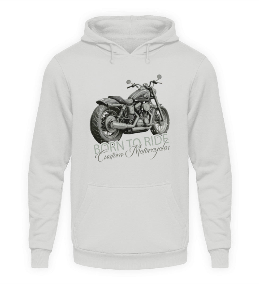 Ein Biker Hoodie von Wingbikers, mit dem Aufdruck, Born to Ride, in Hellgrau.