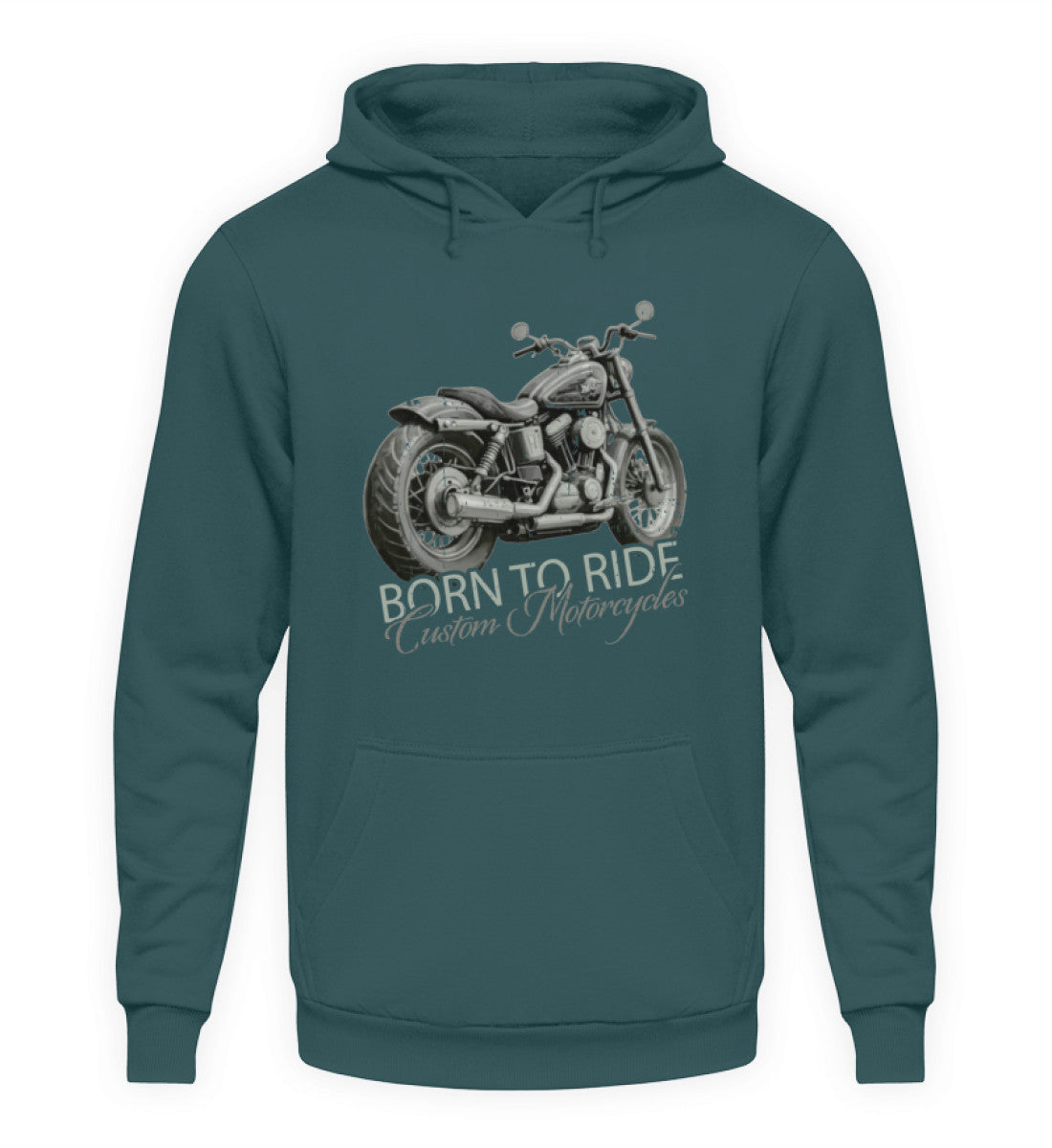 Ein Biker Hoodie von Wingbikers, mit dem Aufdruck, Born to Ride, in Petrol türkis.