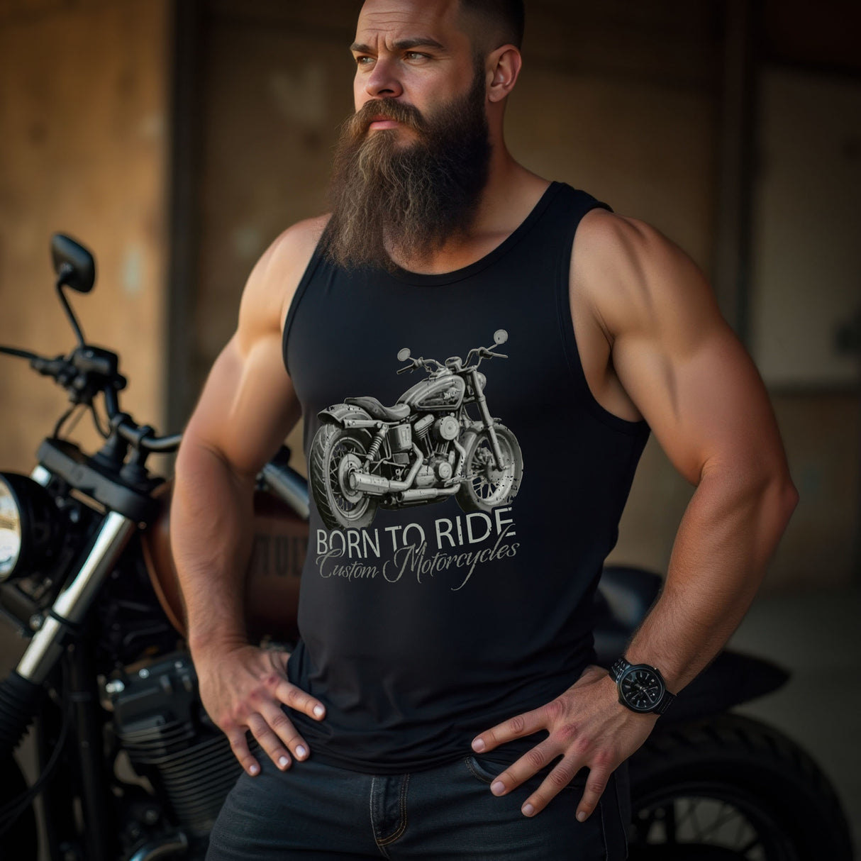 Ein Biker mit einem Tanktop von Wingbikers, mit dem Aufdruck, Born to Ride, in Schwarz.