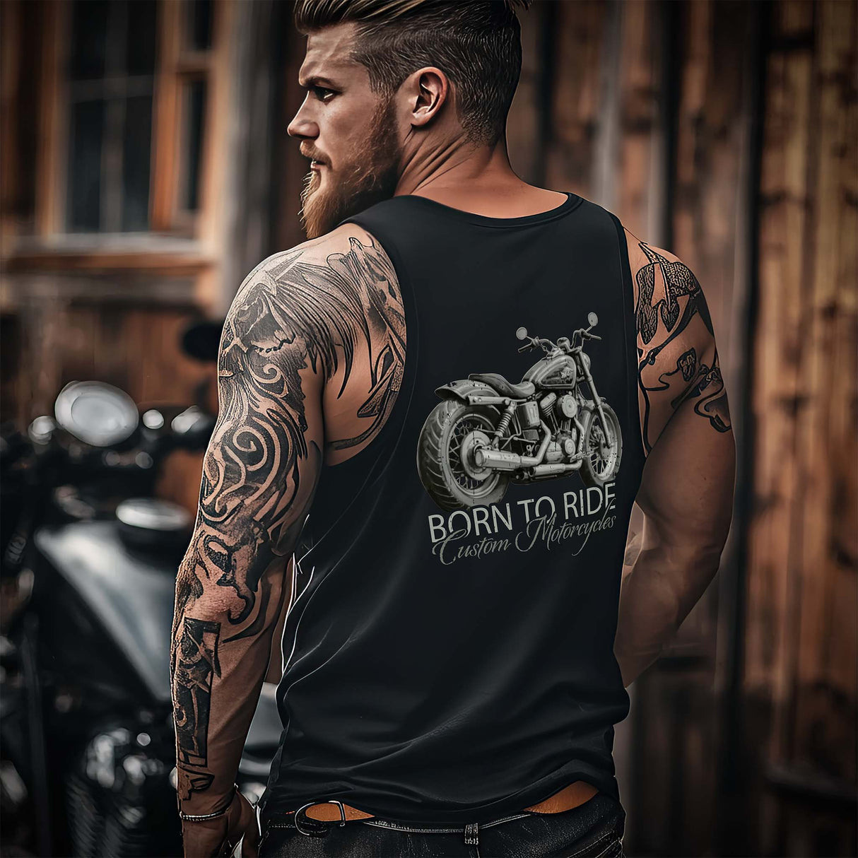 Ein Biker mit einem Tanktop von Wingbikers, mit dem Aufdruck, Born to Ride - mit Backprint, in Schwarz.