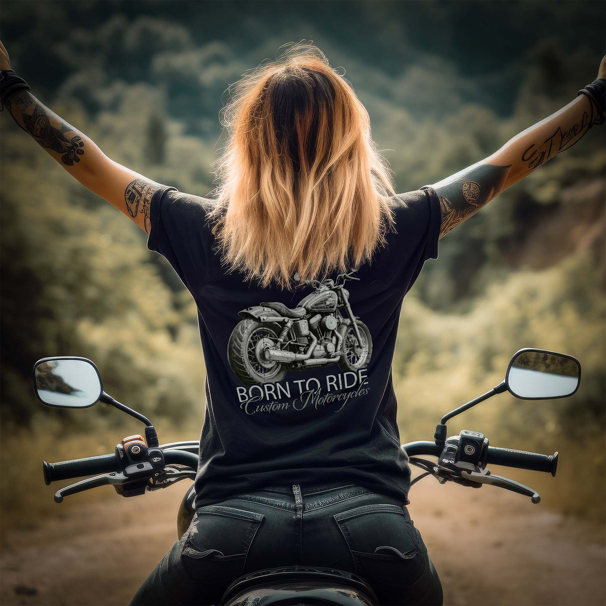 Eine Frau mit einem Motorrad-Shirt, von Wingbikers, mit dem Aufdruck, Born to Ride - mit Backprint, in Schwarz.