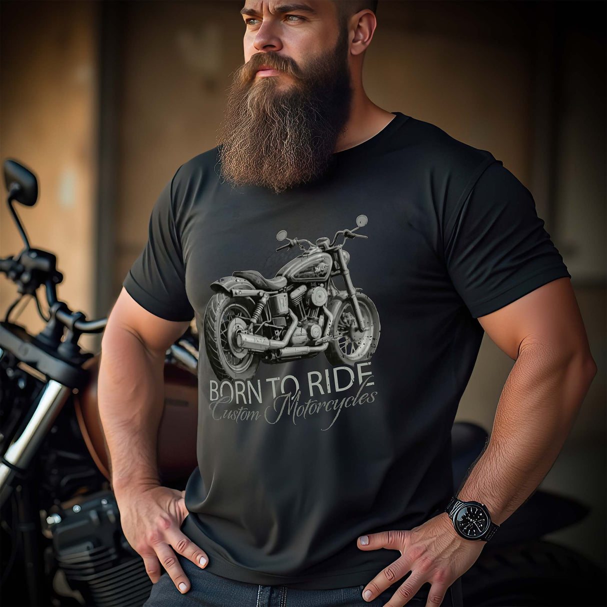 Ein Biker mit einem T-Shirt von Wingbikers, mit dem Aufdruck, Born to Ride, in Schwarz.