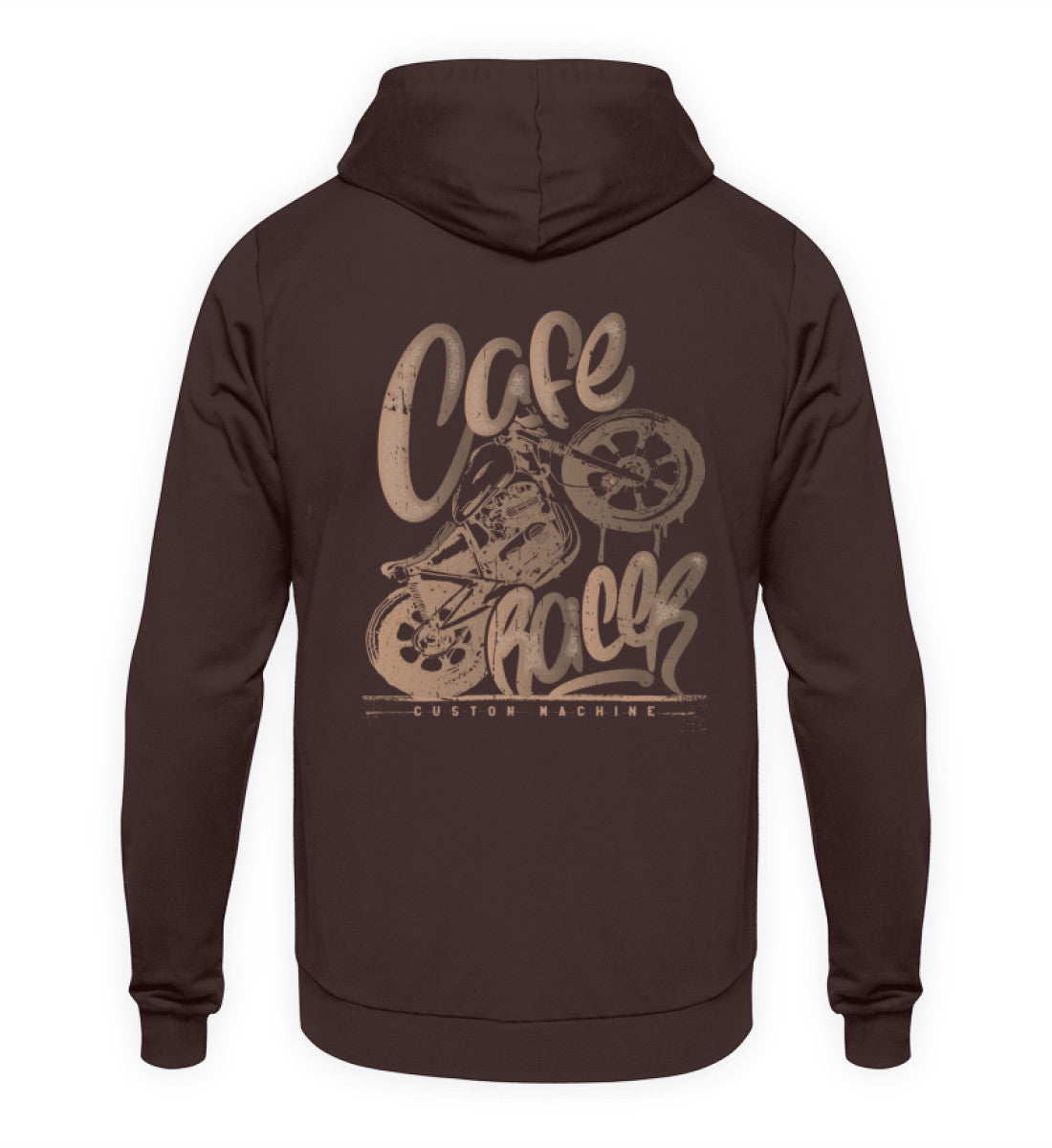 Ein Biker Hoodie für Motorradfahrer von Wingbikers mit dem Aufdruck, Café Racer - in einem modernen vintage Look - mit Back Print, in braun.