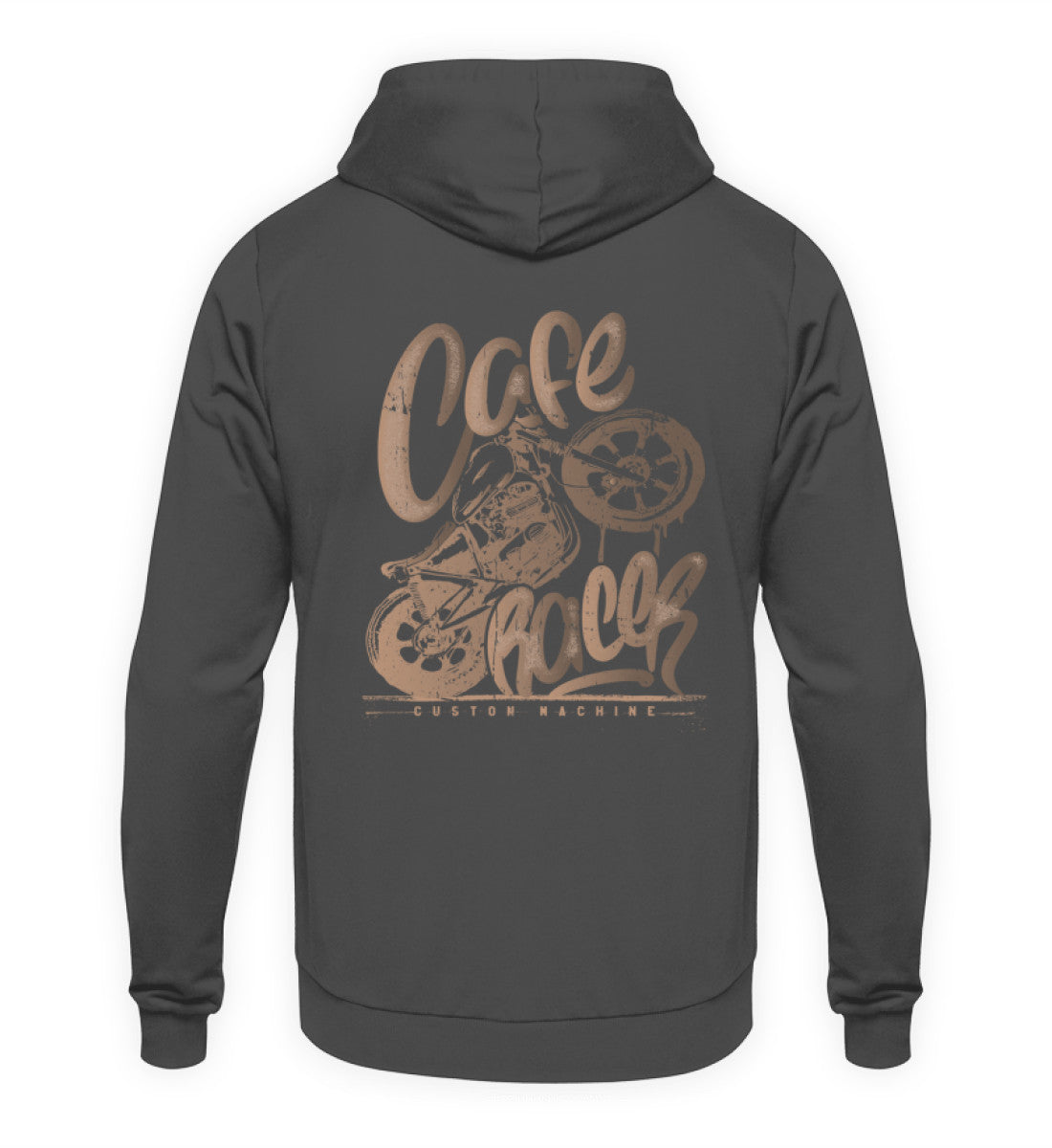 Ein Biker Hoodie für Motorradfahrer von Wingbikers mit dem Aufdruck, Café Racer - in einem modernen vintage Look - mit Back Print, in stahlgrau.