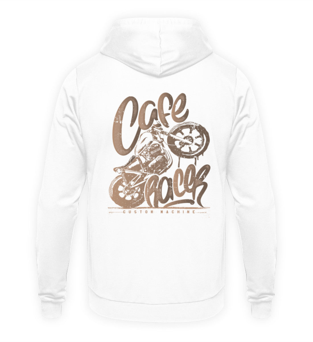 Ein Biker Hoodie für Motorradfahrer von Wingbikers mit dem Aufdruck, Café Racer - in einem modernen vintage Look - mit Back Print, in weiß.