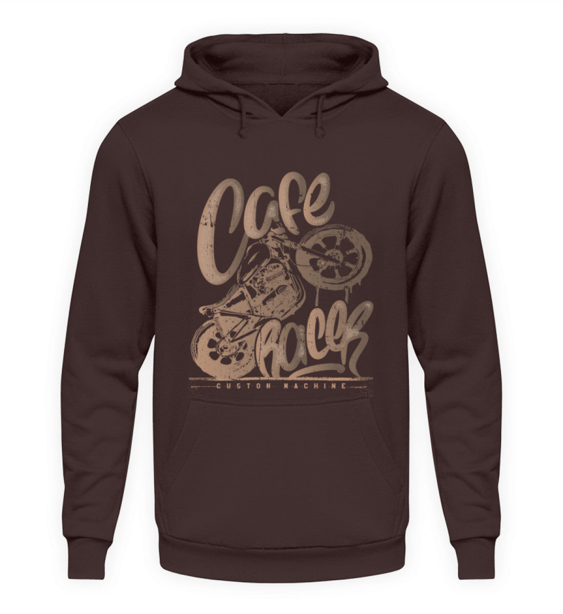 Ein Biker Hoodie für Motorradfahrer von Wingbikers mit dem Aufdruck, Café Racer - in einem modernen vintage Look, in braun.