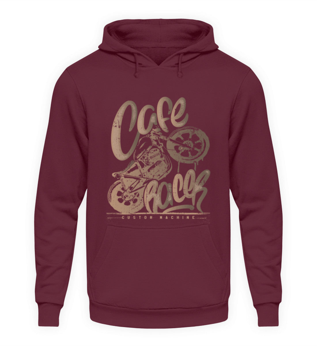 Ein Biker Hoodie für Motorradfahrer von Wingbikers mit dem Aufdruck, Café Racer - in einem modernen vintage Look, in burgunder.