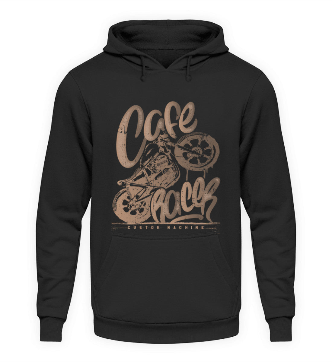 Ein Biker Hoodie für Motorradfahrer von Wingbikers mit dem Aufdruck, Café Racer - in einem modernen vintage Look, in schwarz.