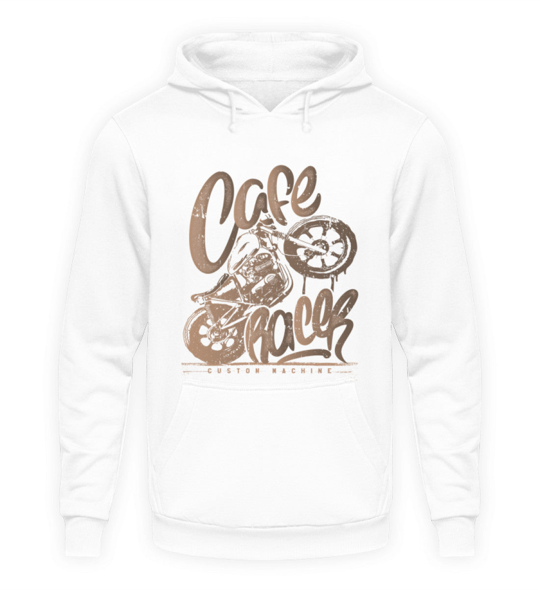 Ein Biker Hoodie für Motorradfahrer von Wingbikers mit dem Aufdruck, Café Racer - in einem modernen vintage Look, in weiß.