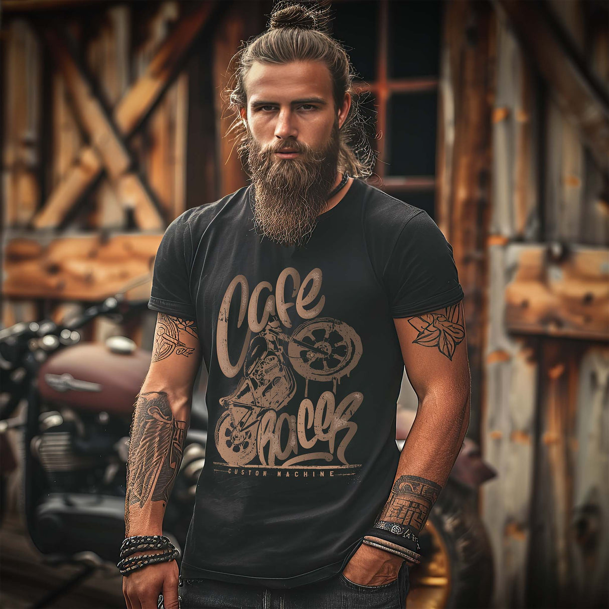 Ein Biker mit einem T-Shirt für Motorradfahrer von Wingbikers mit dem Aufdruck, Café Racer - in einem modernen vintage Look, in schwarz.