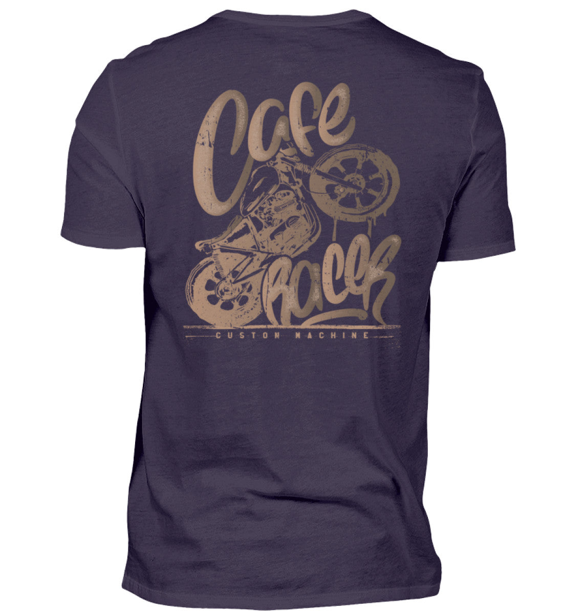 Ein Biker T-Shirt für Motorradfahrer von Wingbikers mit dem Aufdruck, Café Racer - in einem modernen vintage Look - mit Back Print, in aubergine.