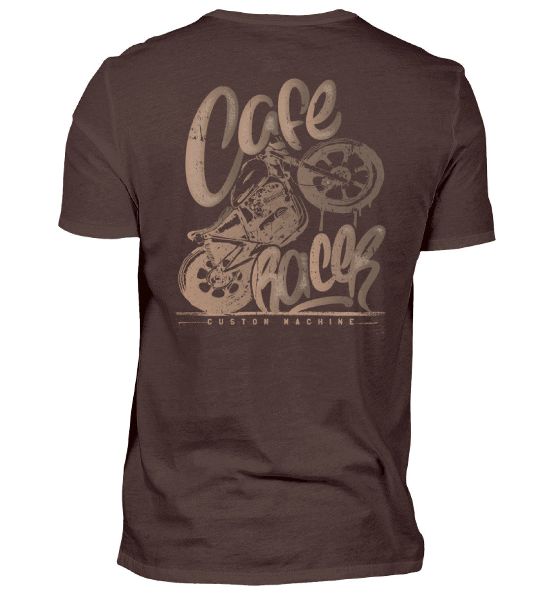 Ein Biker T-Shirt für Motorradfahrer von Wingbikers mit dem Aufdruck, Café Racer - in einem modernen vintage Look - mit Back Print, in braun.