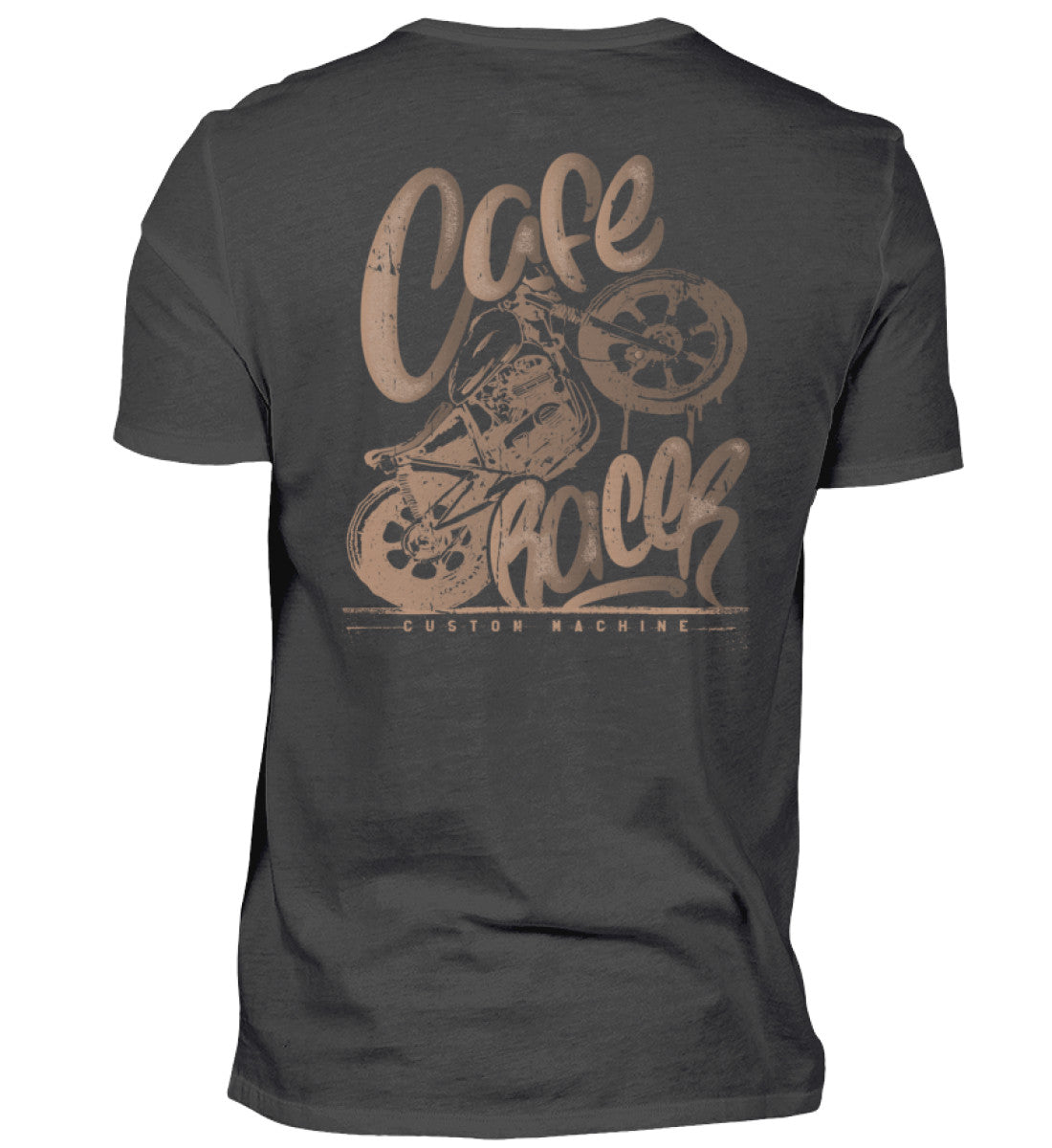 Ein Biker T-Shirt für Motorradfahrer von Wingbikers mit dem Aufdruck, Café Racer - in einem modernen vintage Look - mit Back Print, in graphite.