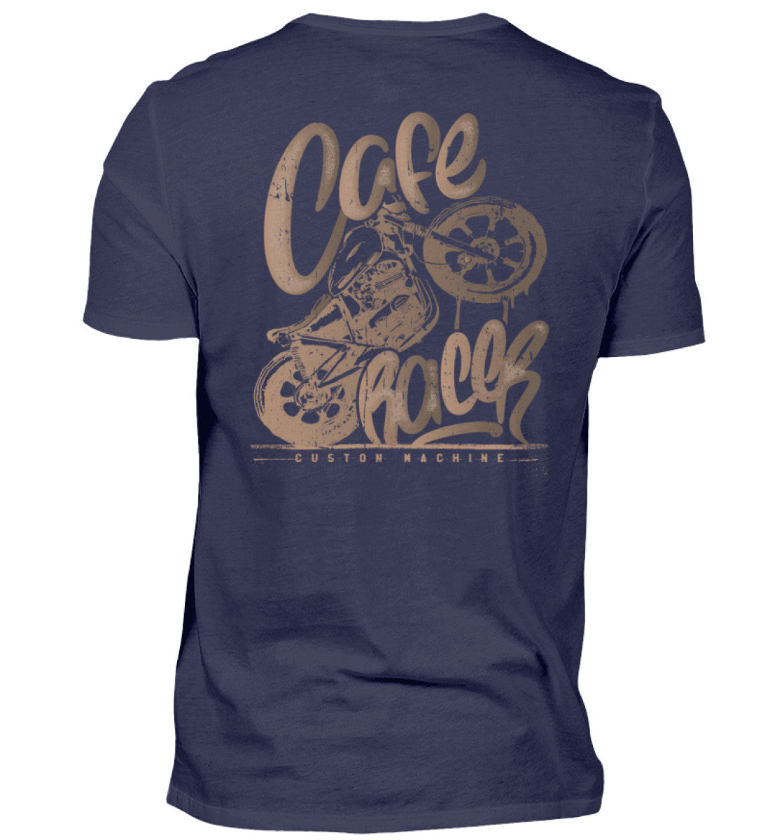 Ein Biker T-Shirt für Motorradfahrer von Wingbikers mit dem Aufdruck, Café Racer - in einem modernen vintage Look - mit Back Print, in navy.