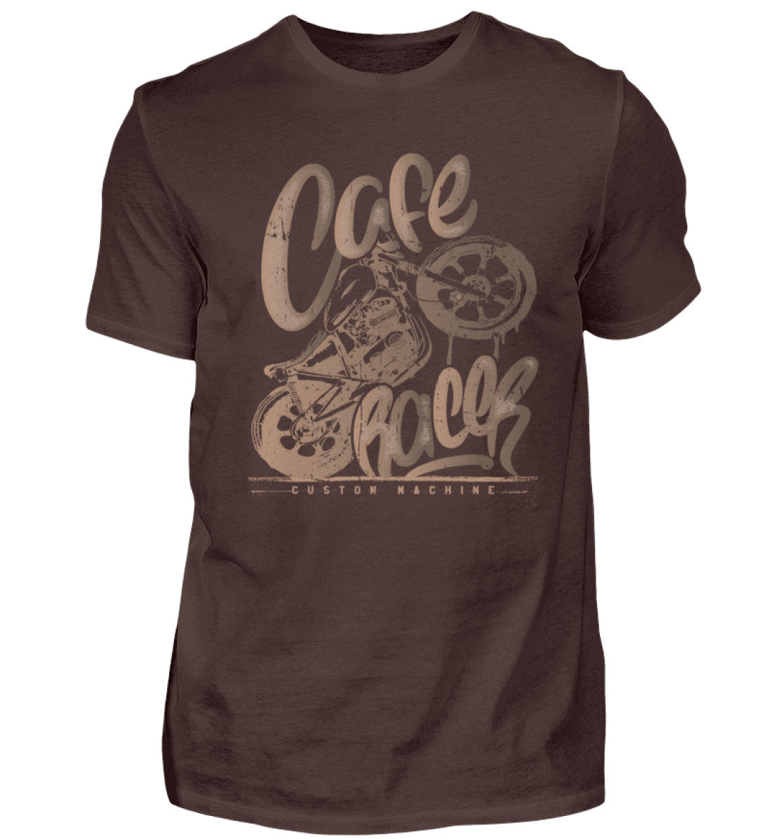 Ein Biker T-Shirt für Motorradfahrer von Wingbikers mit dem Aufdruck, Café Racer - in einem modernen vintage Look, in braun.