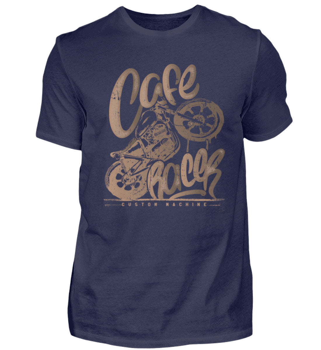 Ein Biker T-Shirt für Motorradfahrer von Wingbikers mit dem Aufdruck, Café Racer - in einem modernen vintage Look, in navy.