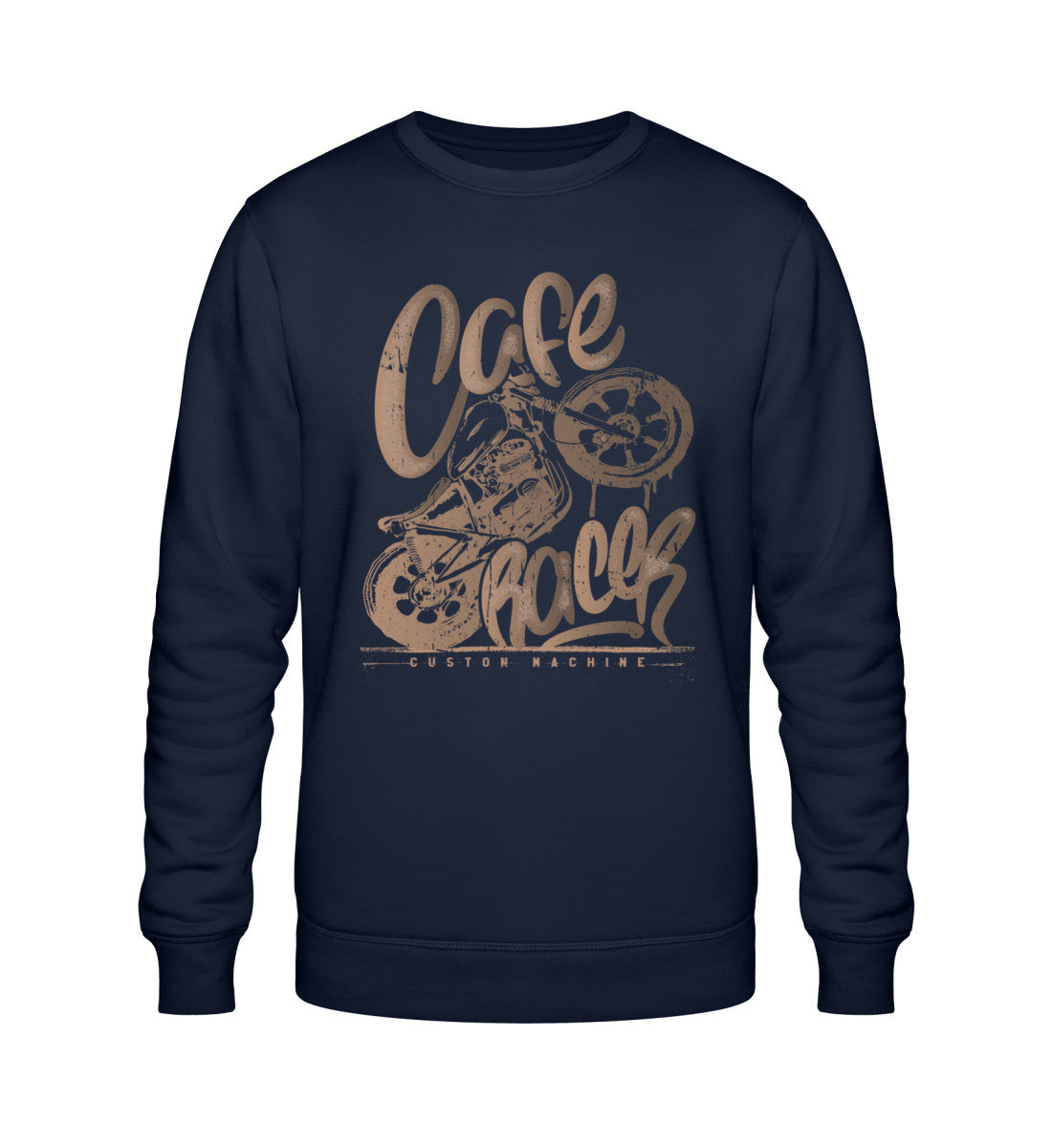 Ein Biker Sweatshirt für Motorradfahrer von Wingbikers mit dem Aufdruck, Café Racer - in einem modernen vintage Look, in navy.