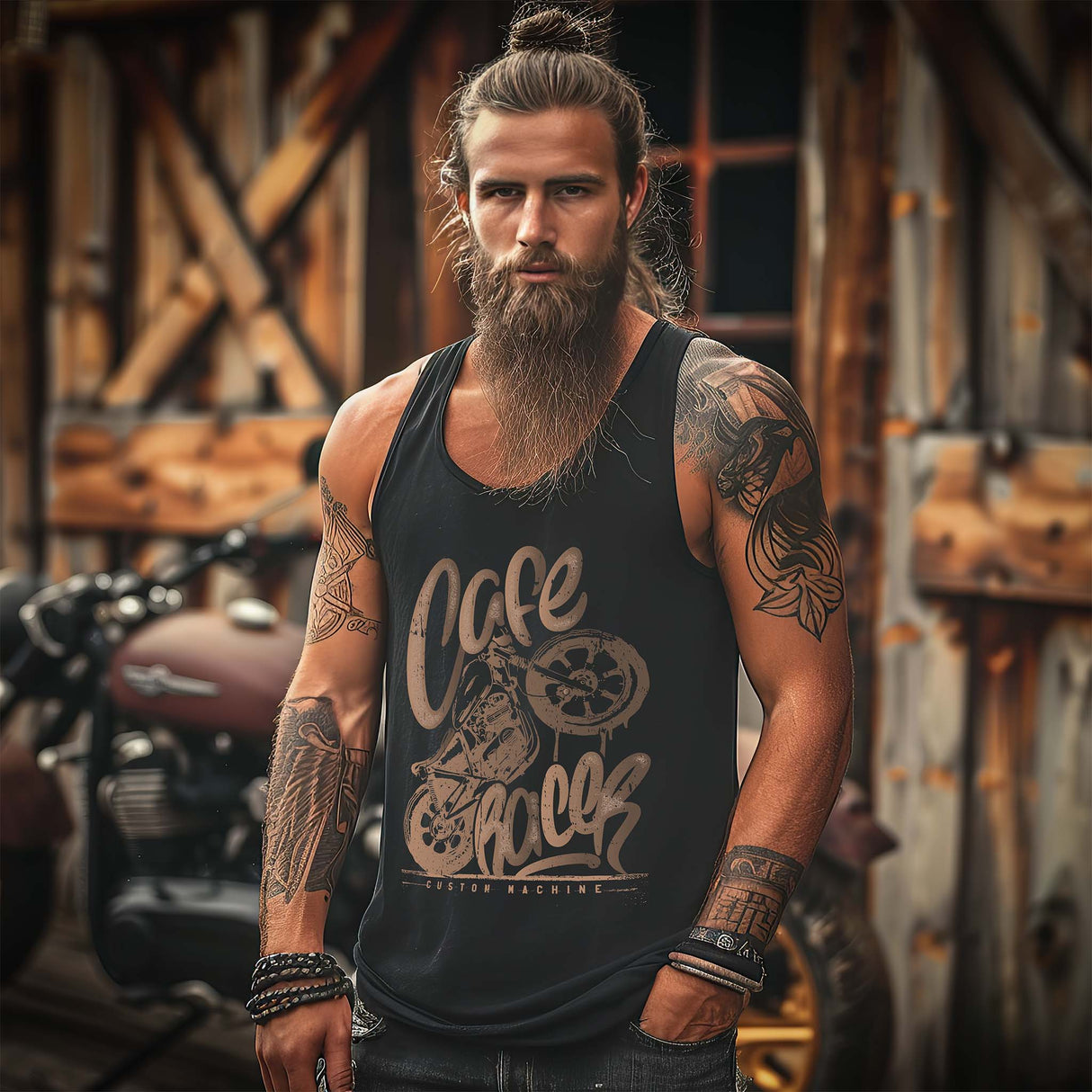 Ein Biker mit einem Tanktop für Motorradfahrer von Wingbikers mit dem Aufdruck, Café Racer - in einem modernen vintage Look, in schwarz.