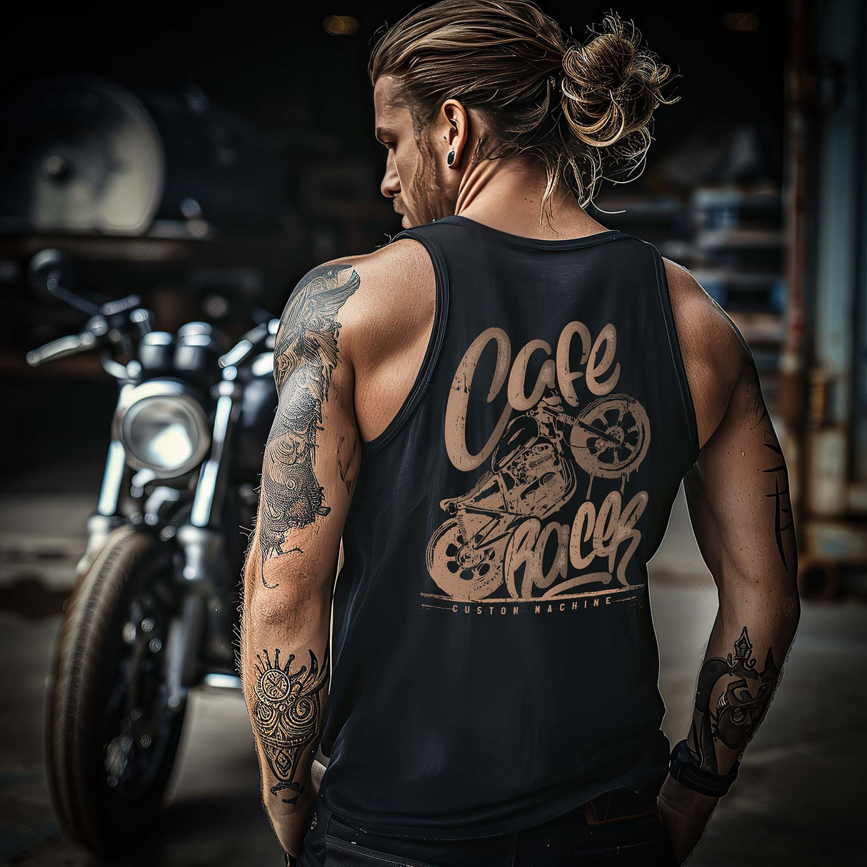 Ein Biker mit einem Tanktop für Motorradfahrer von Wingbikers mit dem Aufdruck, Café Racer - in einem modernen vintage Look - mit Back Print, in schwarz.