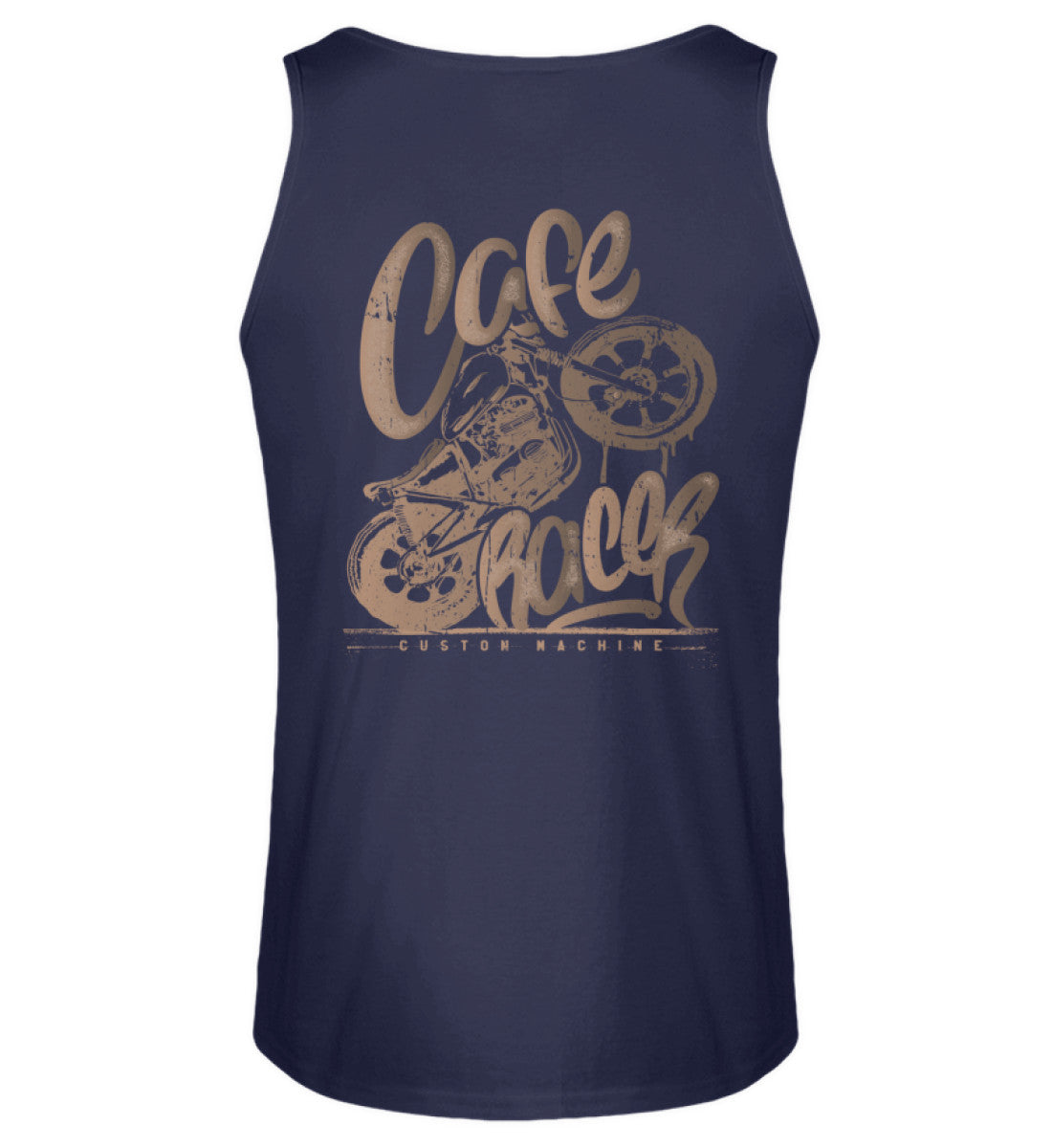 Ein Biker Tanktop für Motorradfahrer von Wingbikers mit dem Aufdruck, Café Racer - in einem modernen vintage Look - mit Back Print, in navy.