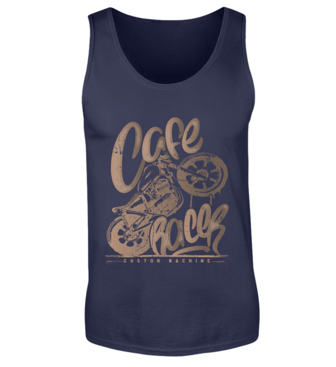 Ein Biker Tanktop für Motorradfahrer von Wingbikers mit dem Aufdruck, Café Racer - in einem modernen vintage Look, in navy.
