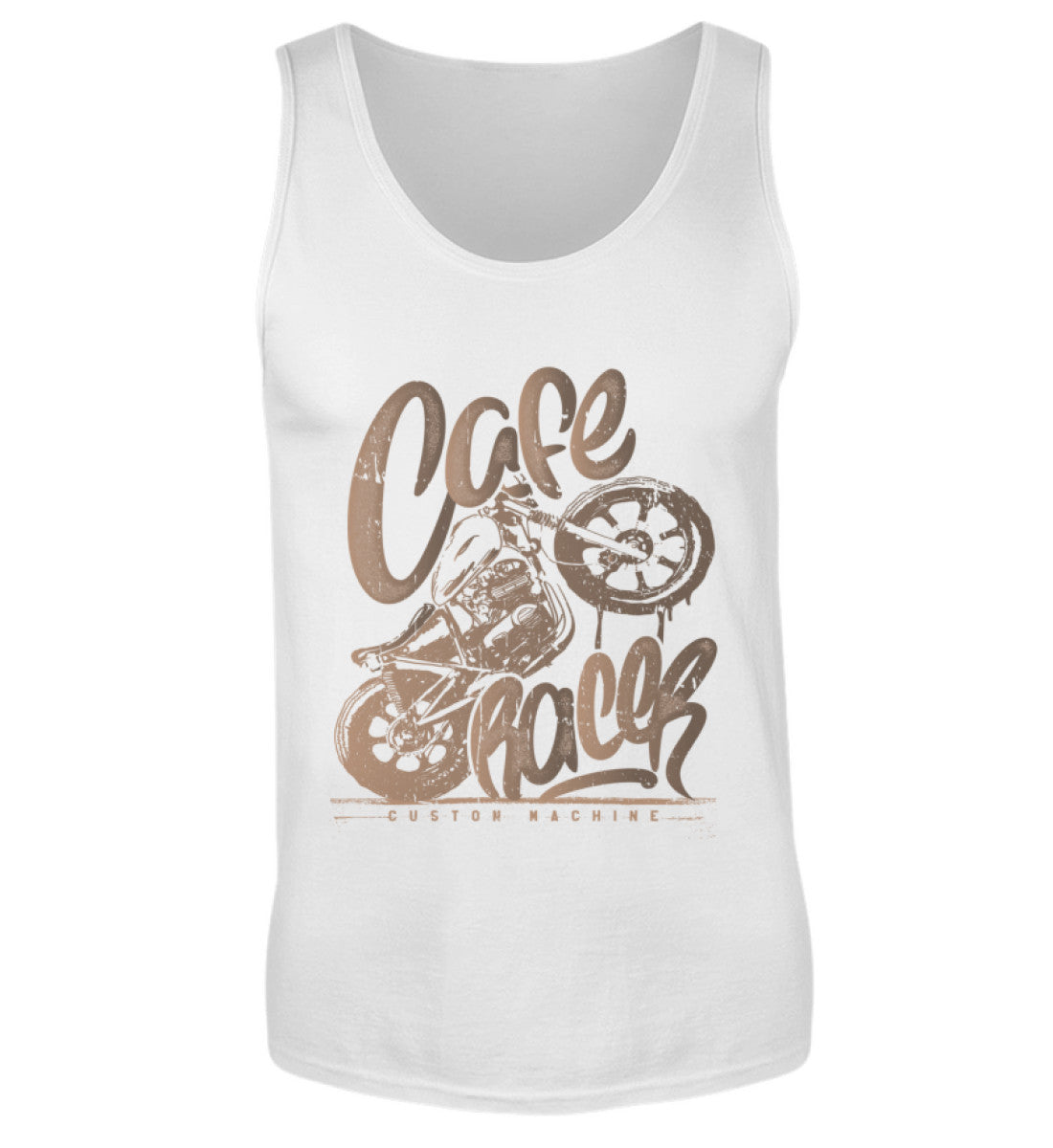 Ein Biker Tanktop für Motorradfahrer von Wingbikers mit dem Aufdruck, Café Racer - in einem modernen vintage Look, in weiß.